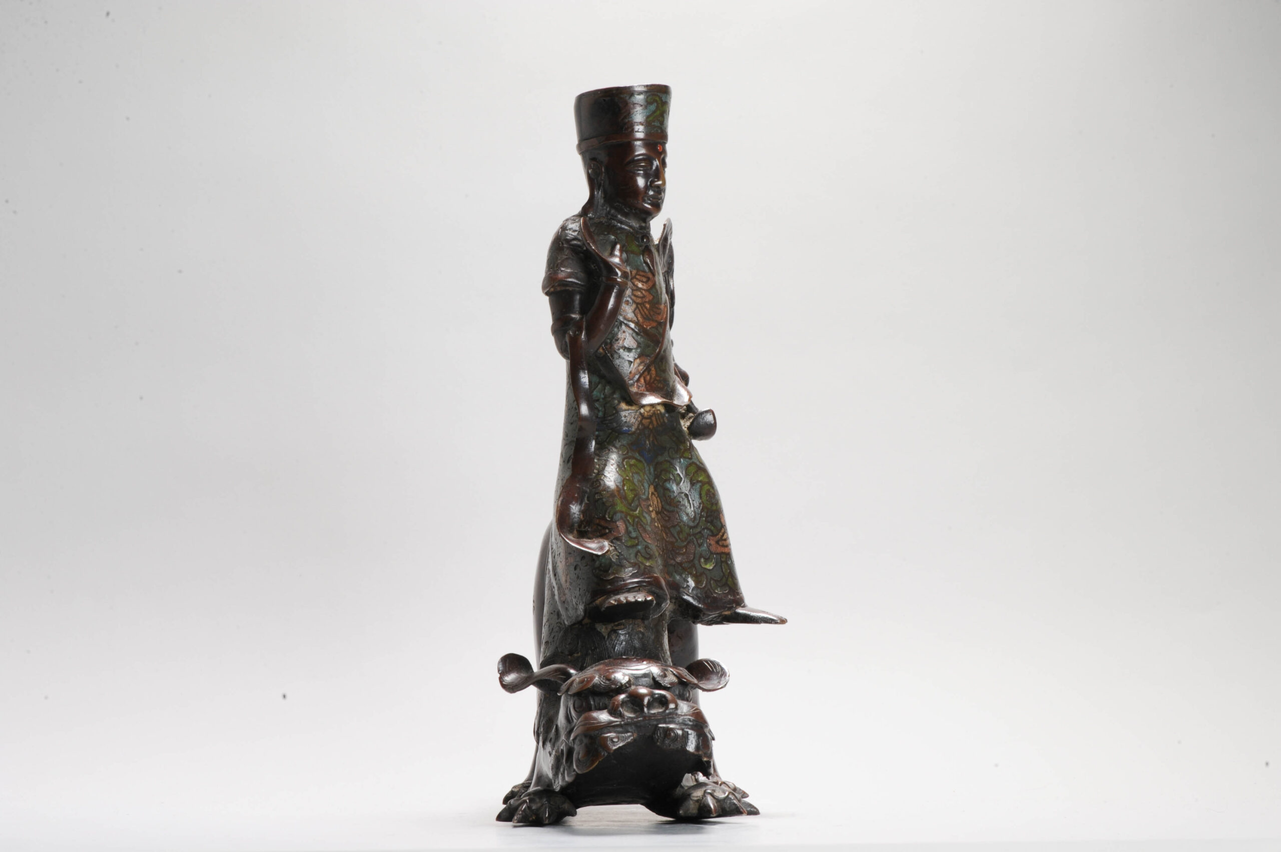 Pair of Chinese Bronze Statue Incense Burners on Foo Lions China Cloisonne - Image 17