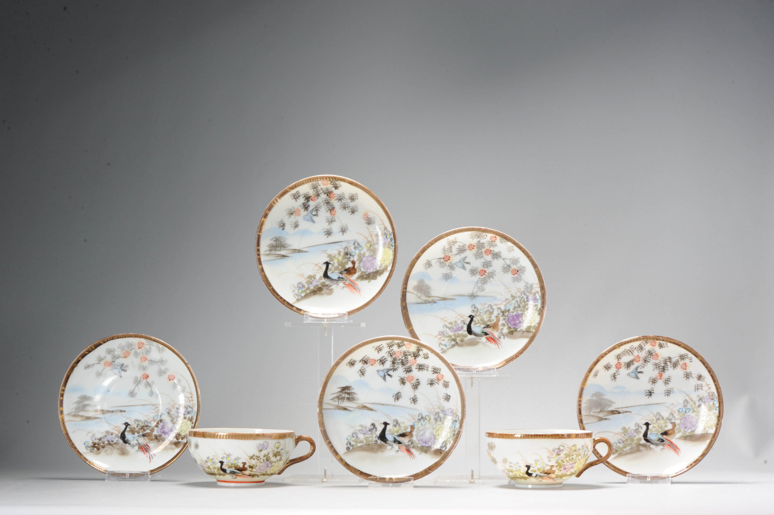 Antique Japanese 19th c Meiji Set of teacups bowls Figures Flowers Figures