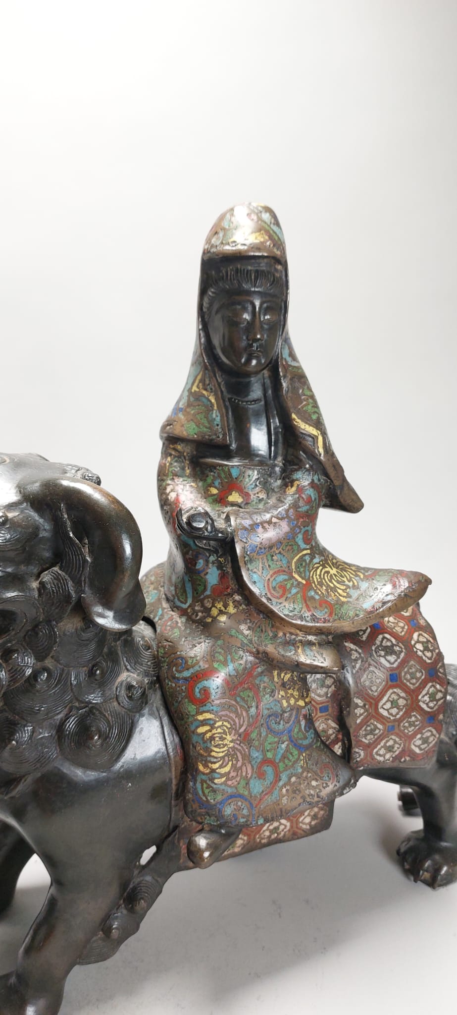 Pair of Chinese Bronze Statue Incense Burners on Foo Lions China Cloisonne - Image 8