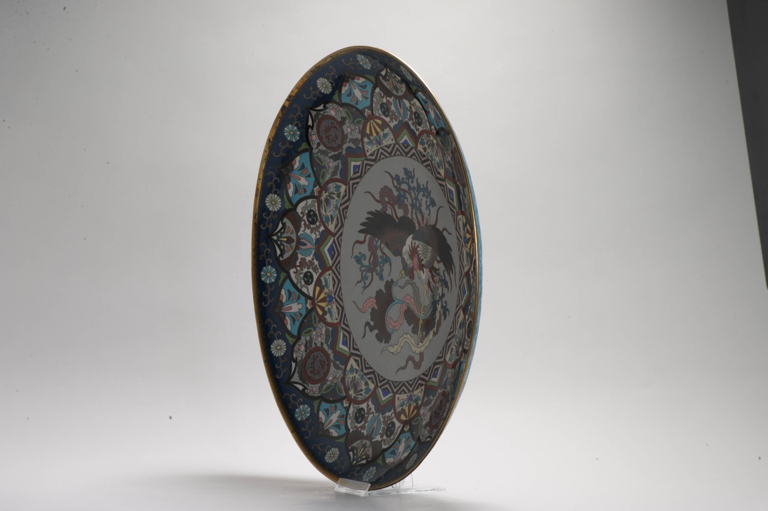 44.8CM 19c Antique Meiji Period Japanese Serving dish Bronze Bird Cloisonne - Image 11