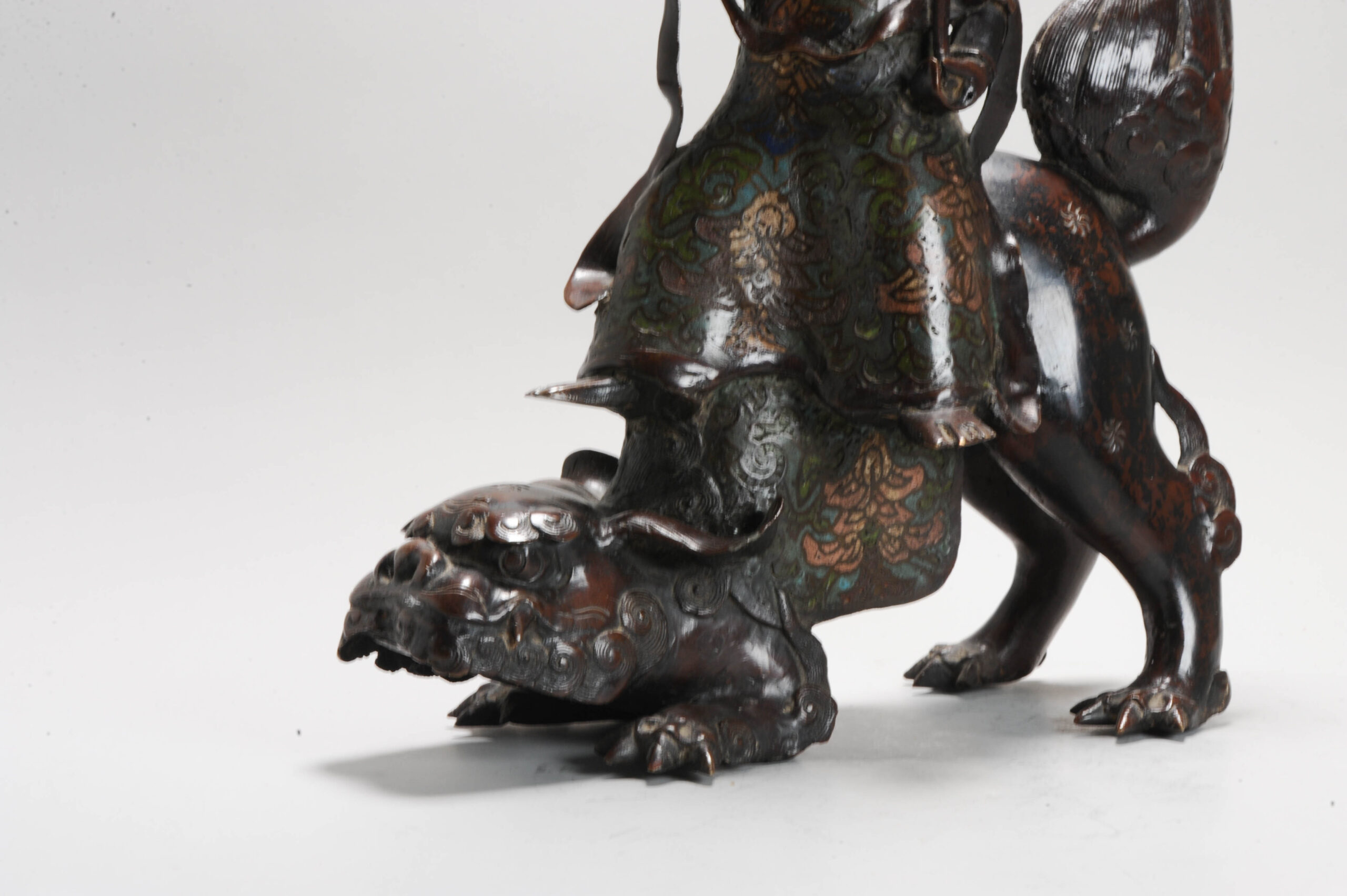 Pair of Chinese Bronze Statue Incense Burners on Foo Lions China Cloisonne - Image 13