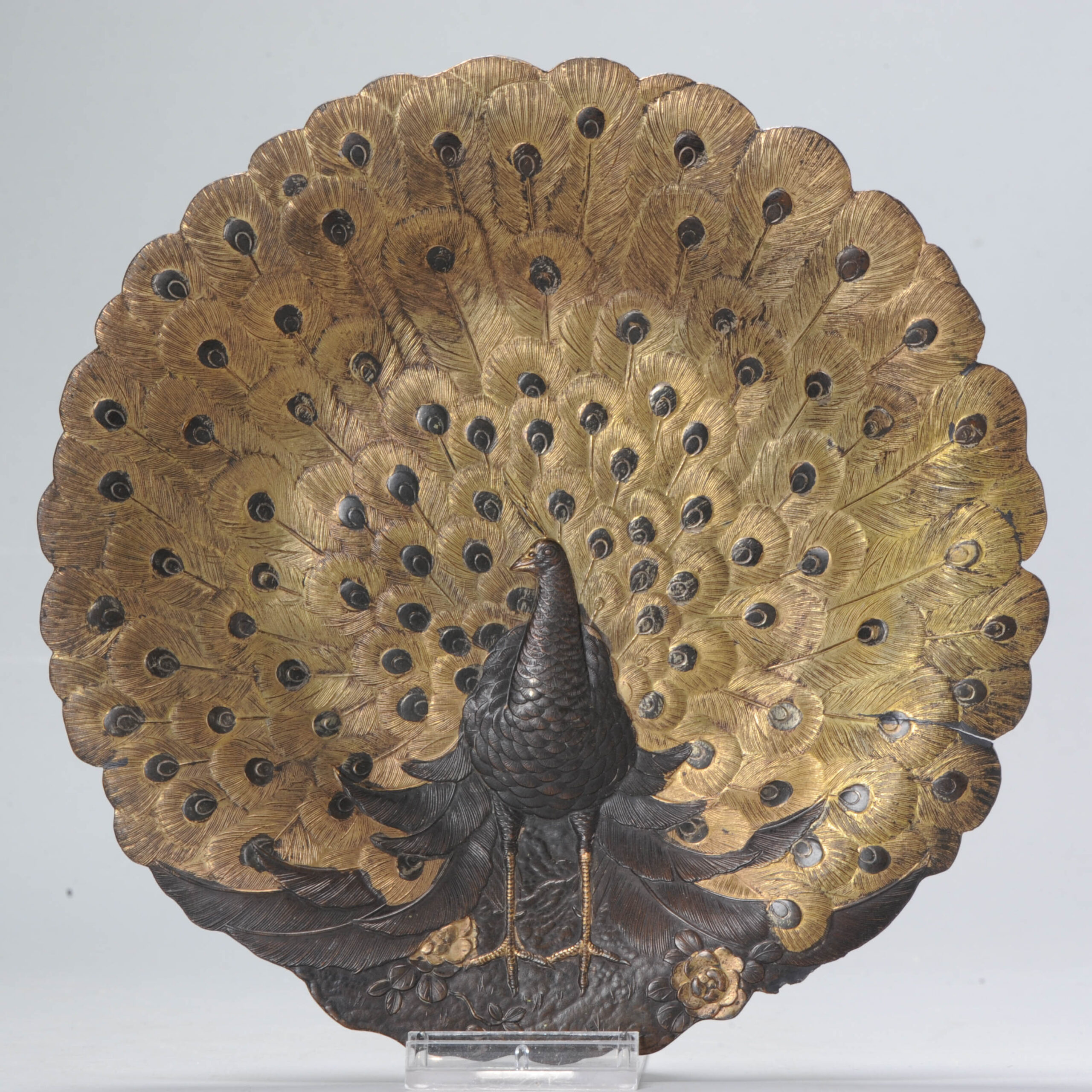 Rare Japanese Bronze Archer FigurePeacock Plate Japan Edo or Meiji era (1868-1912) Japanese