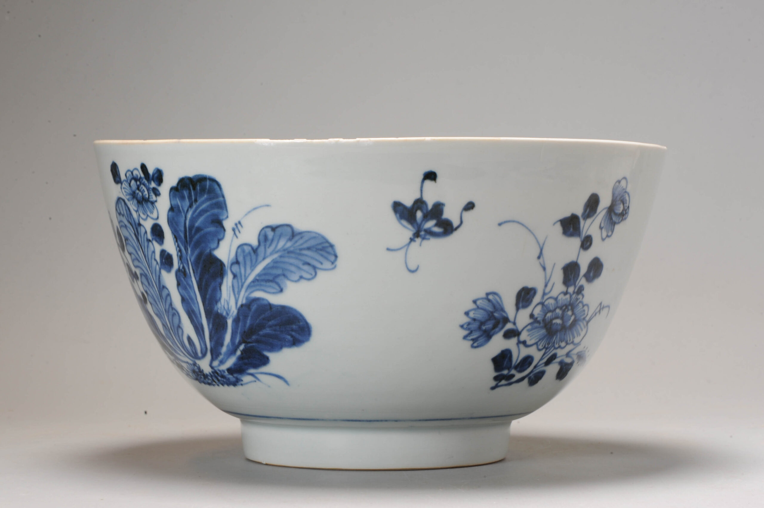 Antique 18C Chinese Porcelain Blue and White Bowl Cabbage Flowers Insects - Image 14