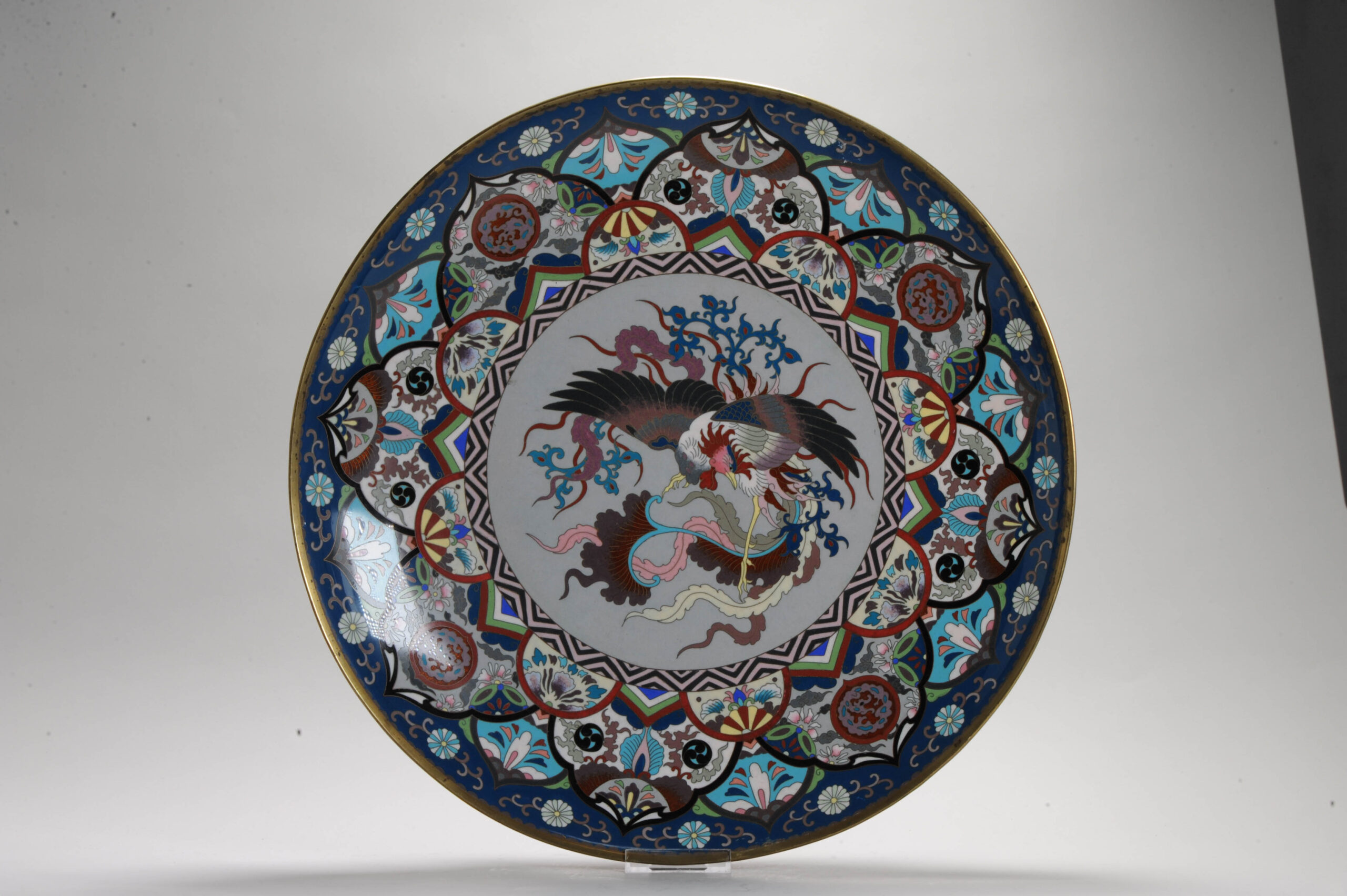 44.8CM 19c Antique Meiji Period Japanese Serving dish Bronze Bird Cloisonne