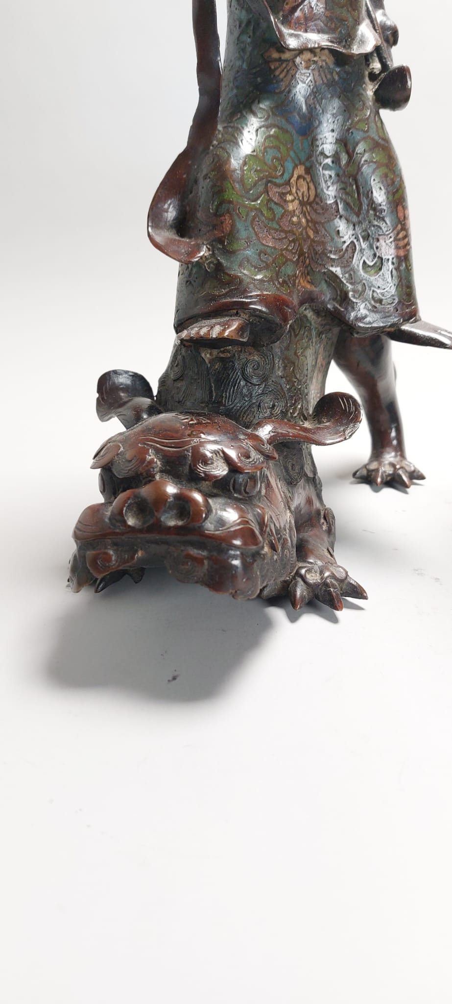 Pair of Chinese Bronze Statue Incense Burners on Foo Lions China Cloisonne - Image 5