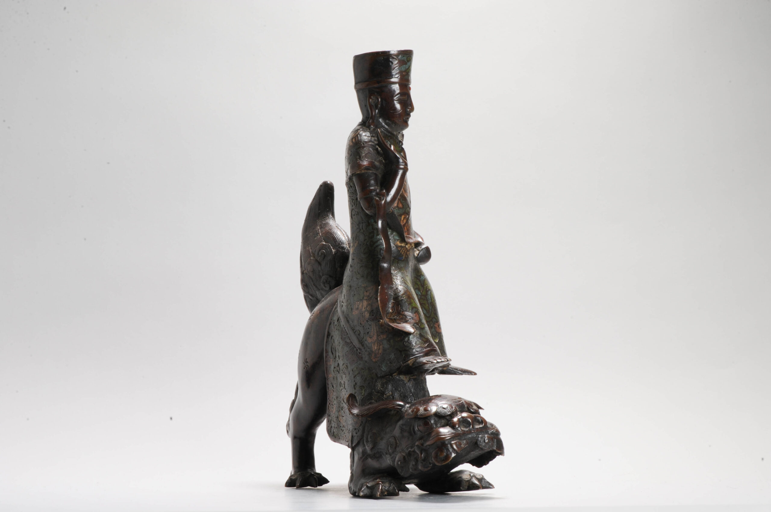 Pair of Chinese Bronze Statue Incense Burners on Foo Lions China Cloisonne - Image 18