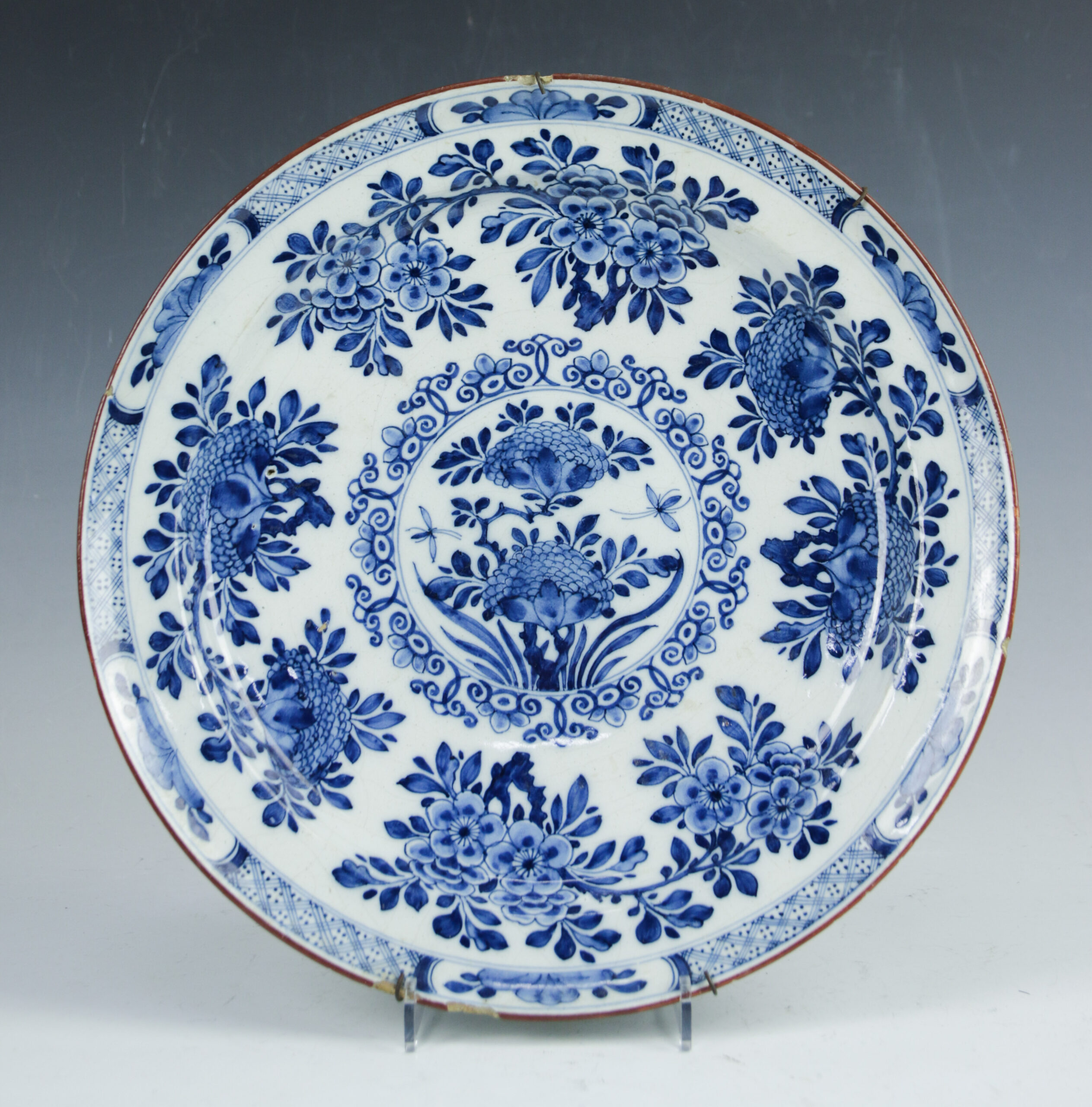 Antique 18th c Kangxi Style Blue and White Style Dutch Delftware Earthenware Charger