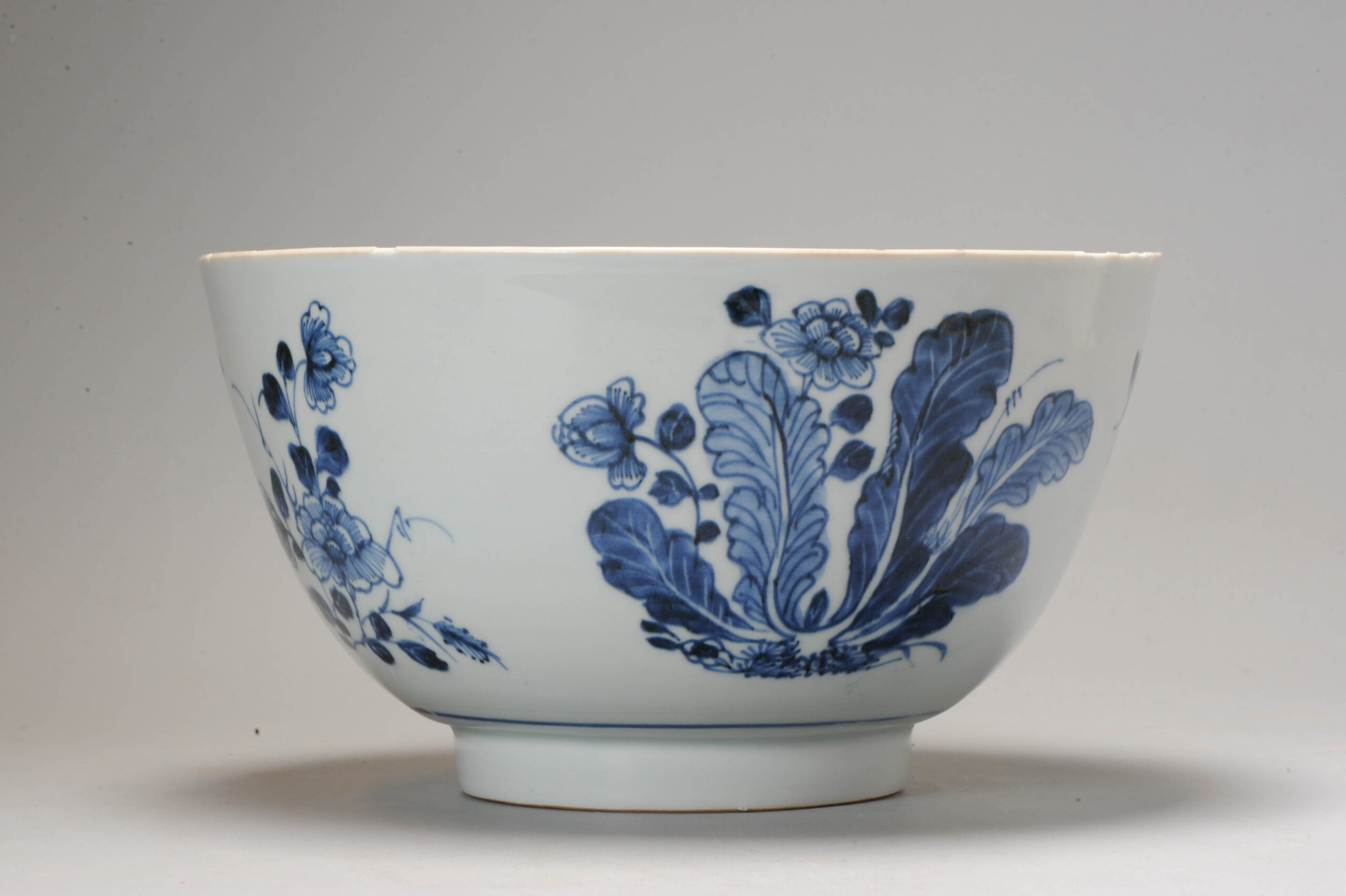 Antique 18C Chinese Porcelain Blue and White Bowl Cabbage Flowers Insects - Image 4