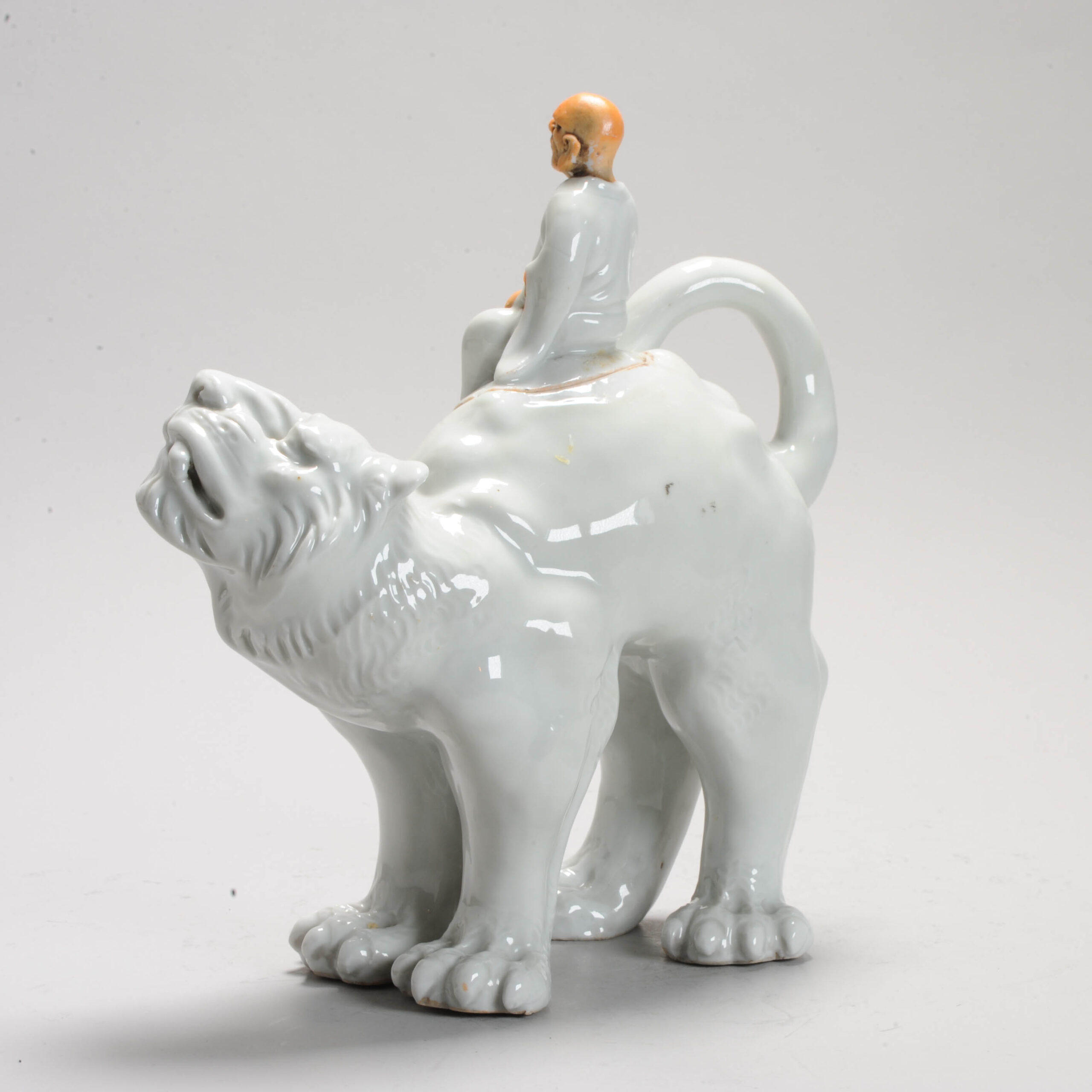 Antique 18C Qianlong Chinese Porcelain Incense Burner Arhat Who Tamed a Tiger Fúhǔ Luóhàn - Image 4