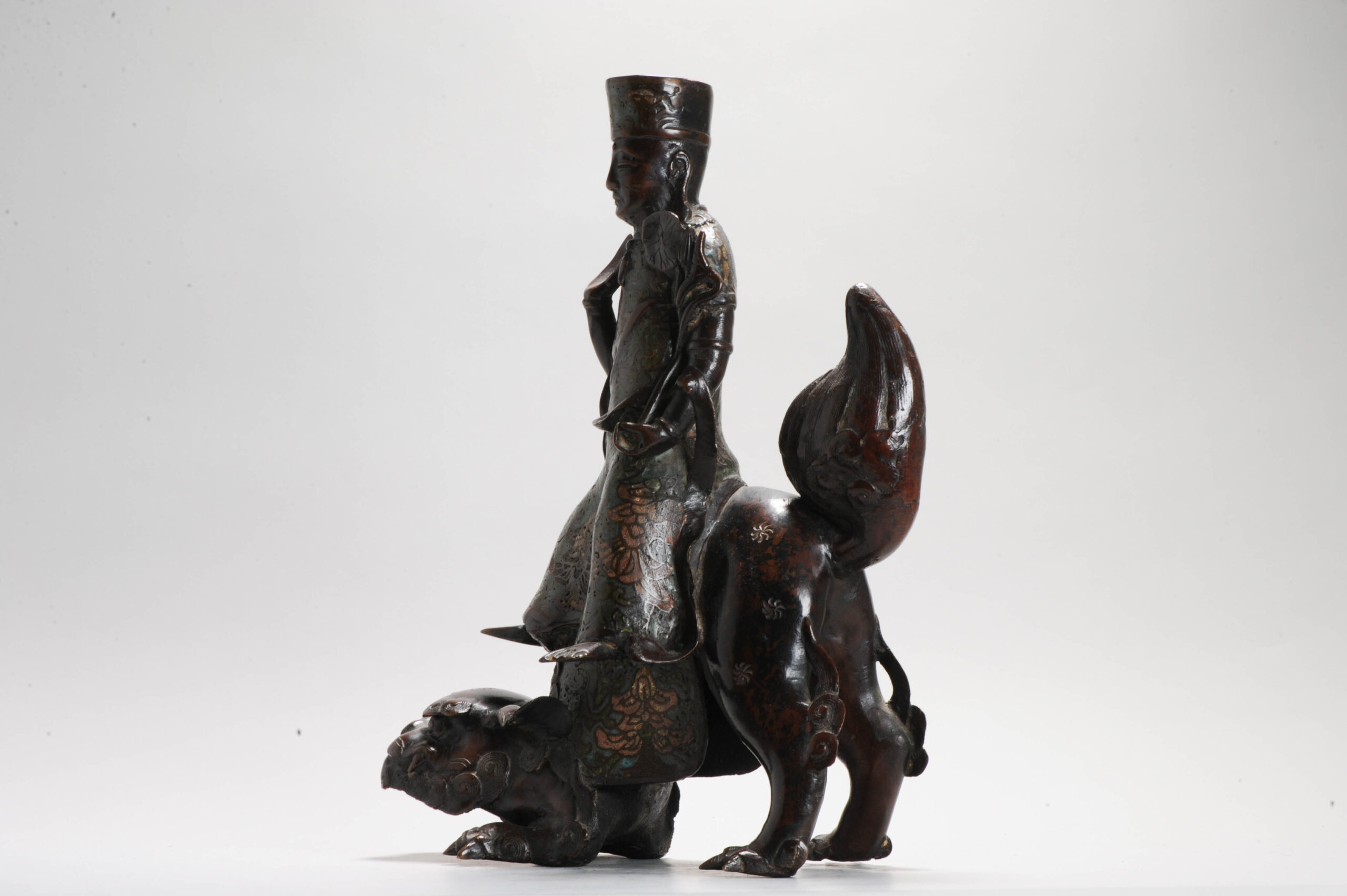 Pair of Chinese Bronze Statue Incense Burners on Foo Lions China Cloisonne - Image 25