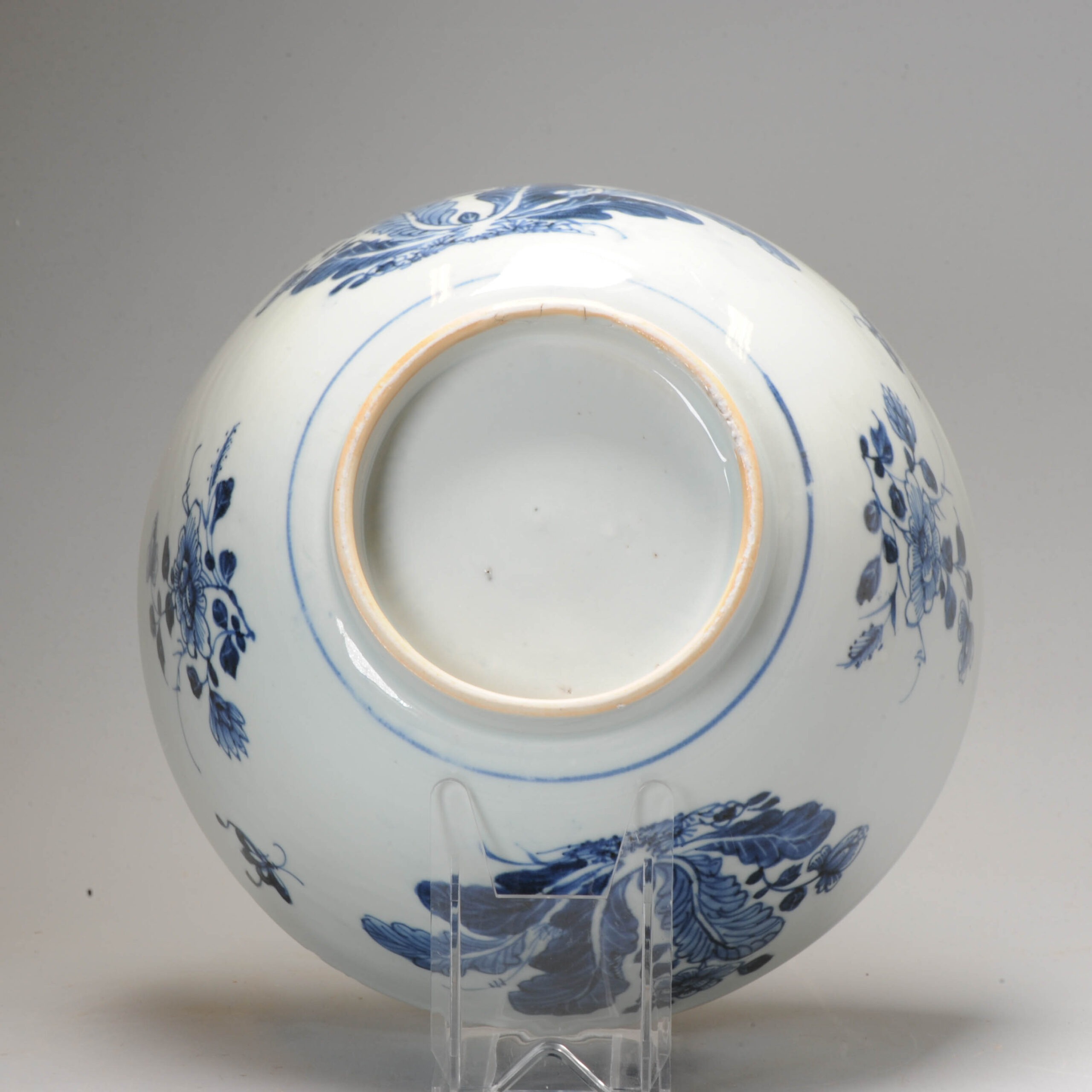 Antique 18C Chinese Porcelain Blue and White Bowl Cabbage Flowers Insects - Image 2