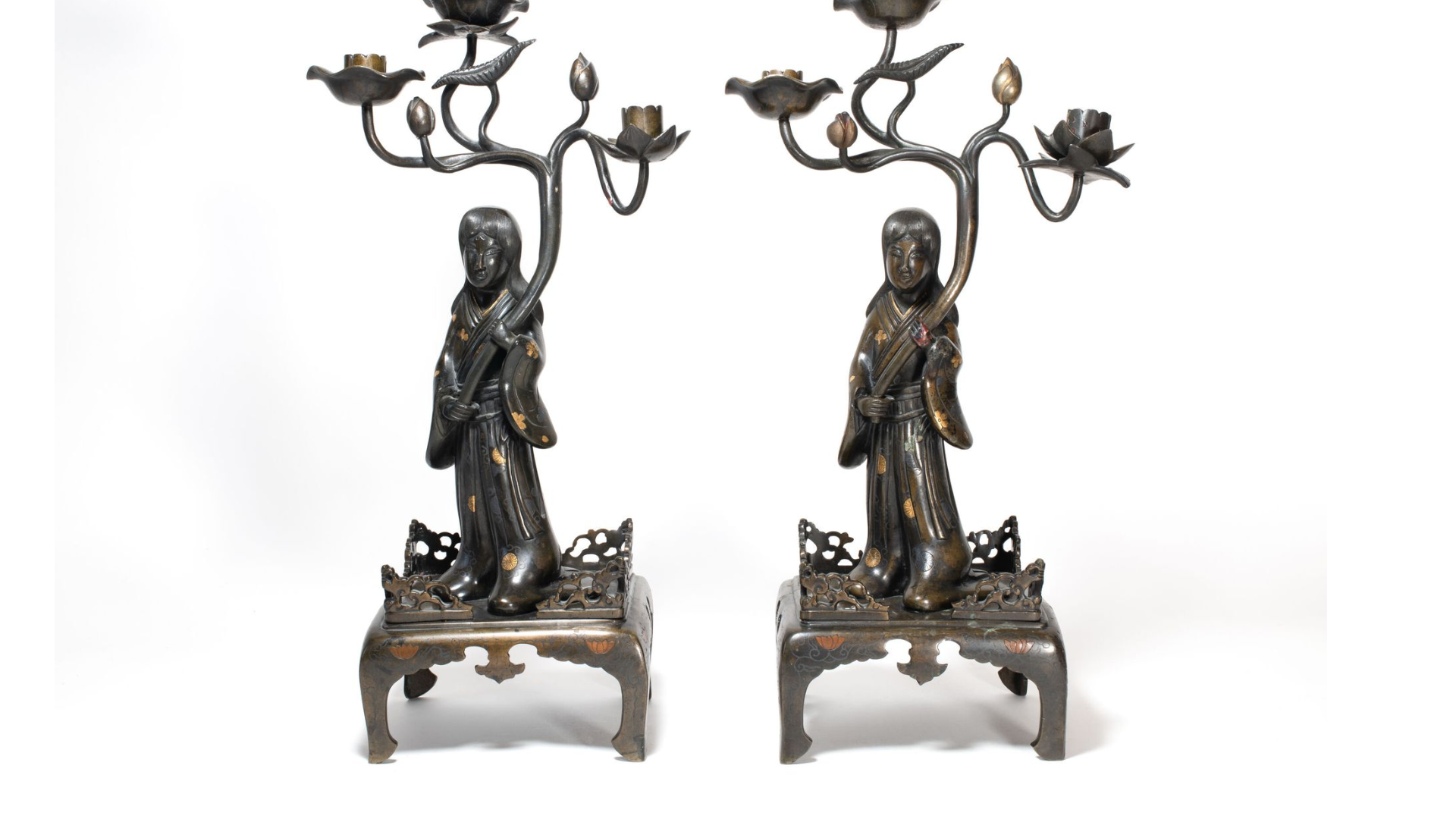 Pair of Large Candle Sticks Bronze with Gold inlay Statue Japan Meiji era (1868-1912) Japanese