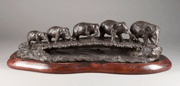 Large Takachika" & "Kakuha sei" Bronze Elephant Herd Statue Japan Meiji era (1868-1912) Japanese