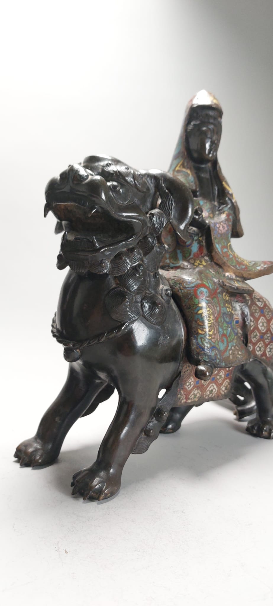 Pair of Chinese Bronze Statue Incense Burners on Foo Lions China Cloisonne - Image 9