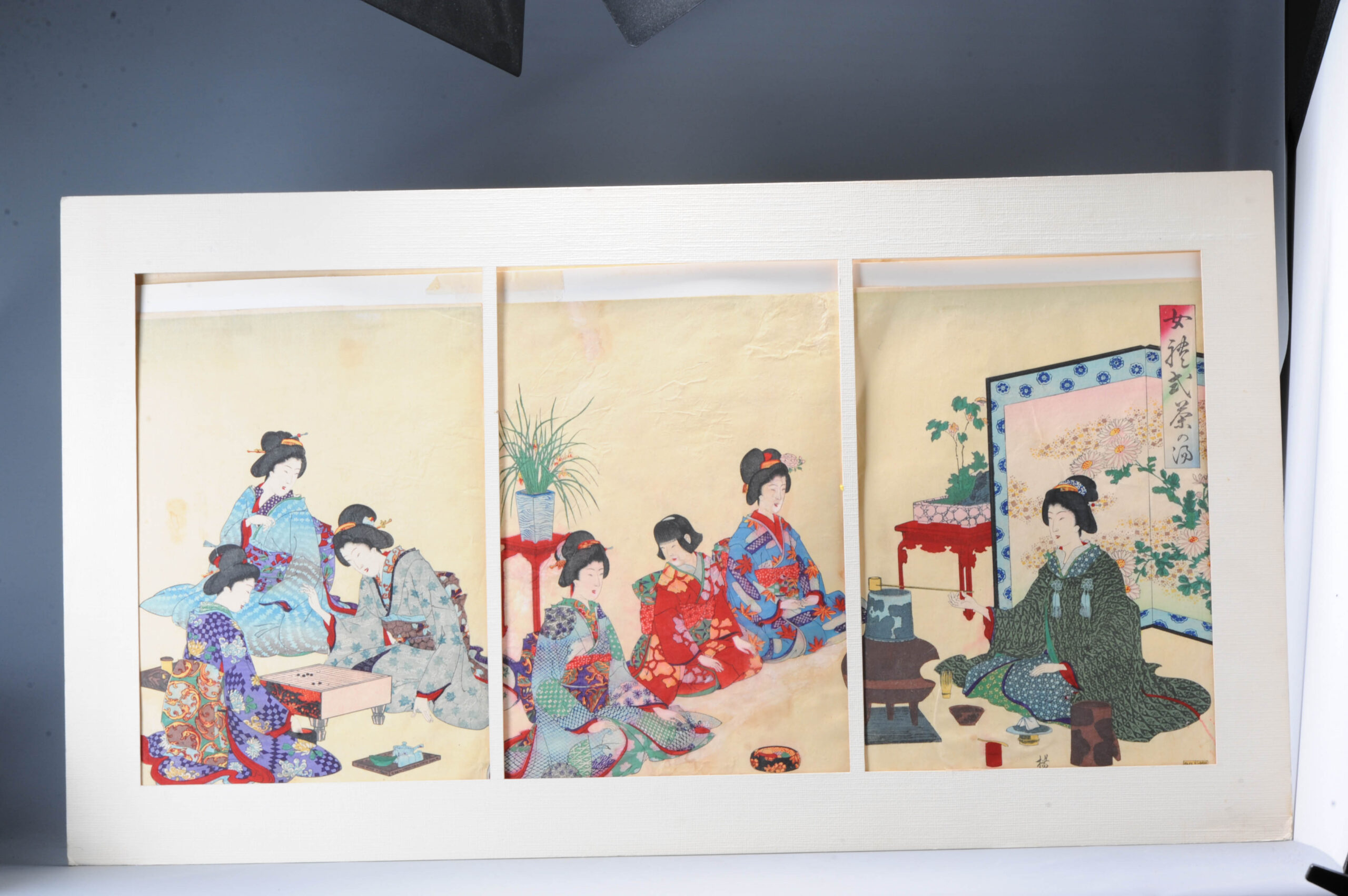 Japanese Wood Block Print Artist  Tea Ceremony and Playing Go  by Chikanobu (1838 – 1912) Ukiyo-e woodblock print master.