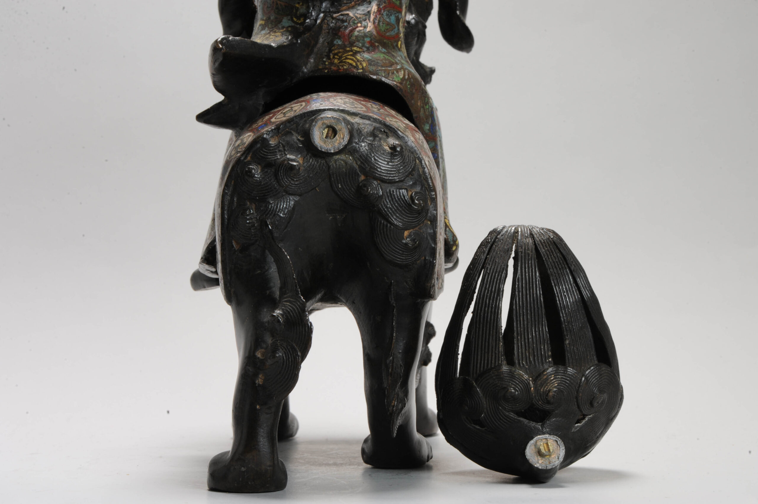 Pair of Chinese Bronze Statue Incense Burners on Foo Lions China Cloisonne - Image 28