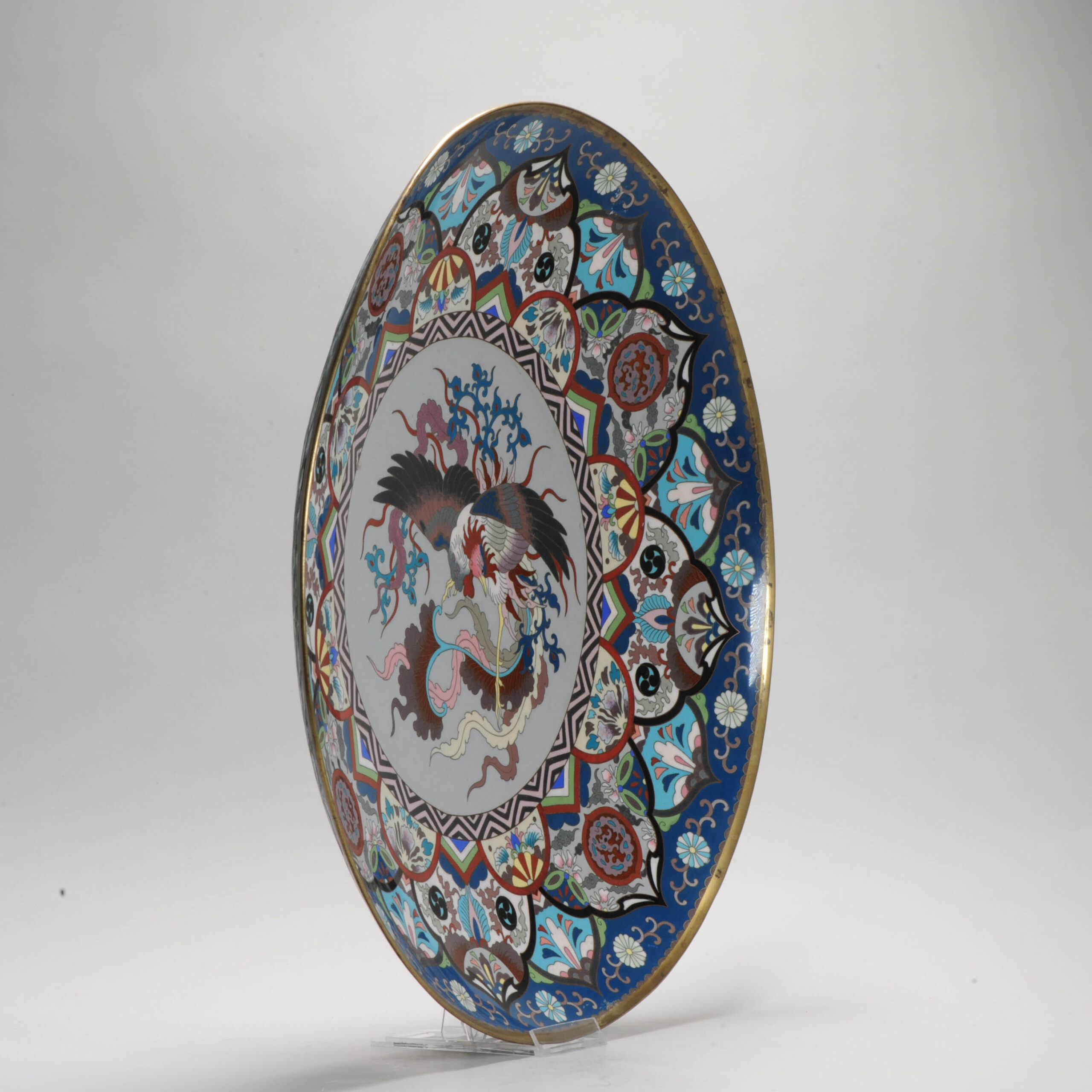 44.8CM 19c Antique Meiji Period Japanese Serving dish Bronze Bird Cloisonne - Image 3