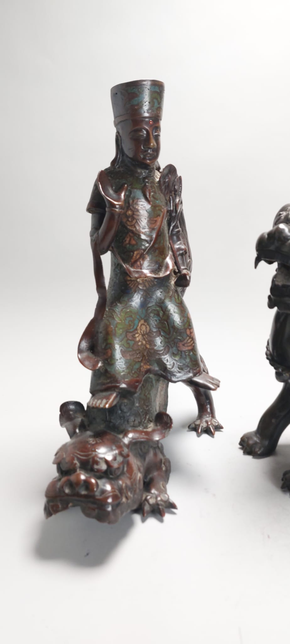 Pair of Chinese Bronze Statue Incense Burners on Foo Lions China Cloisonne - Image 4