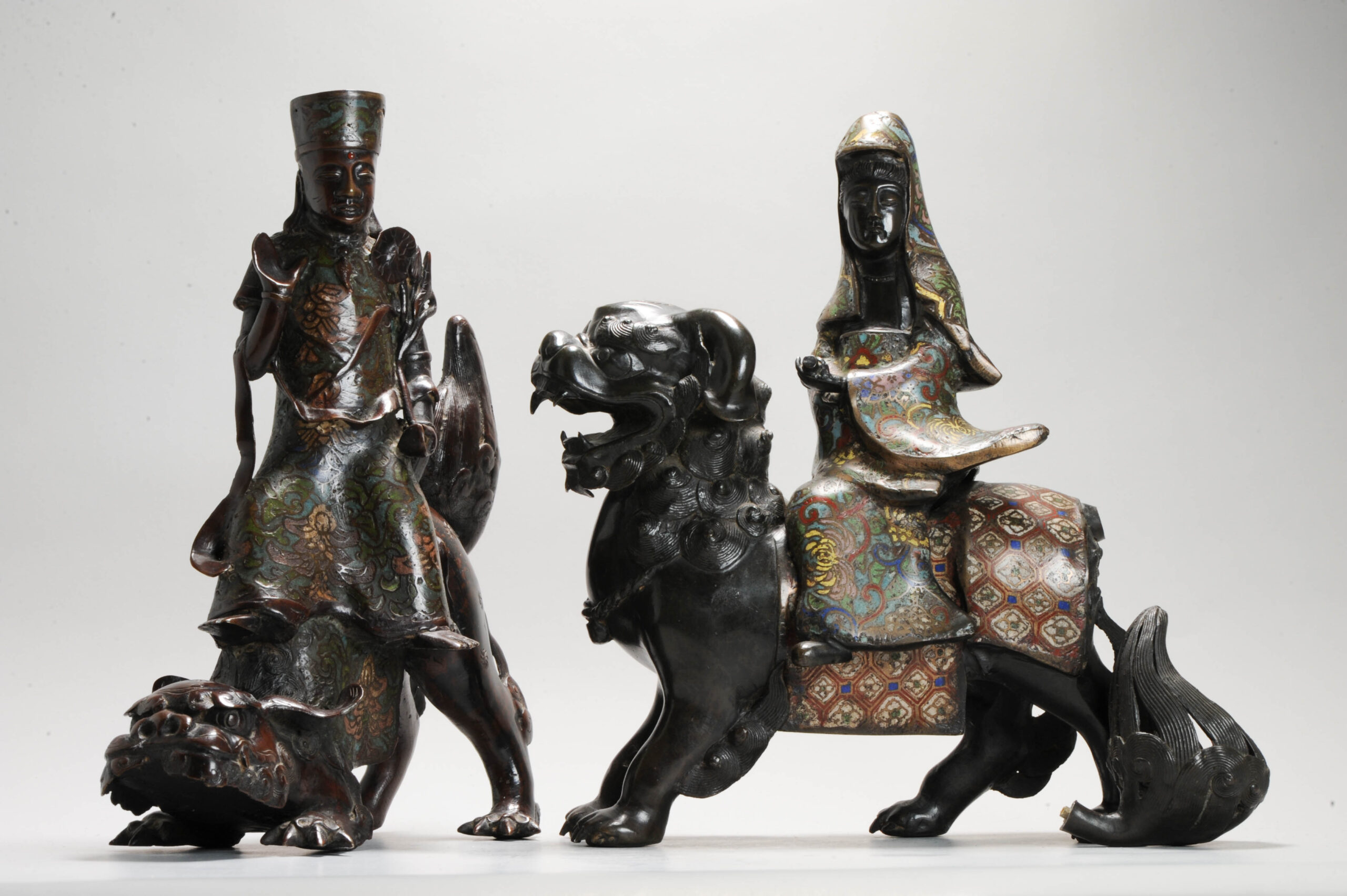 Pair of Chinese Bronze Statue Incense Burners on Foo Lions China Cloisonne - Image 10