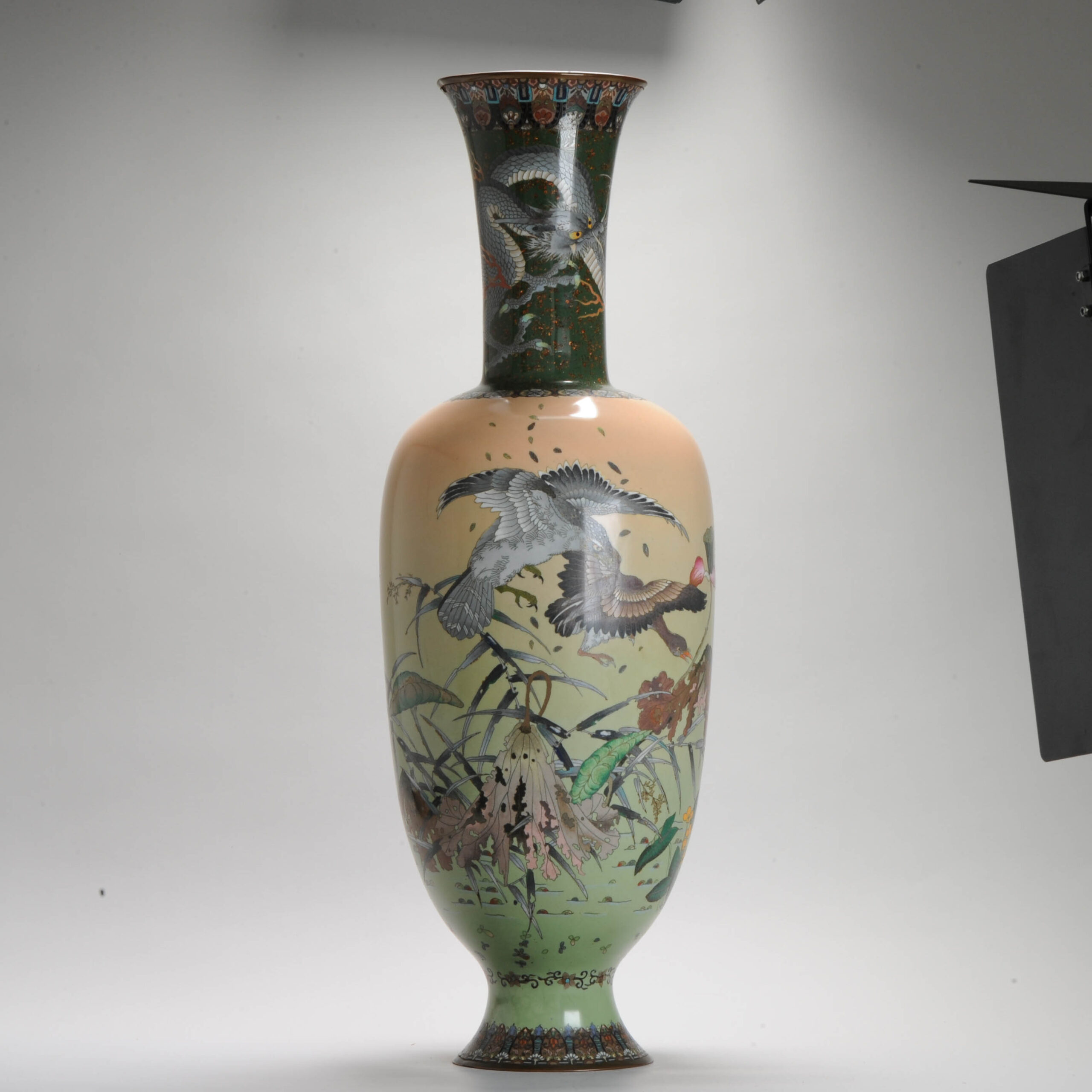 64CM Antique Japanese 19C Meiji Cloisonne Vase Japan HUNTING SCENE Dragon - Image 11
