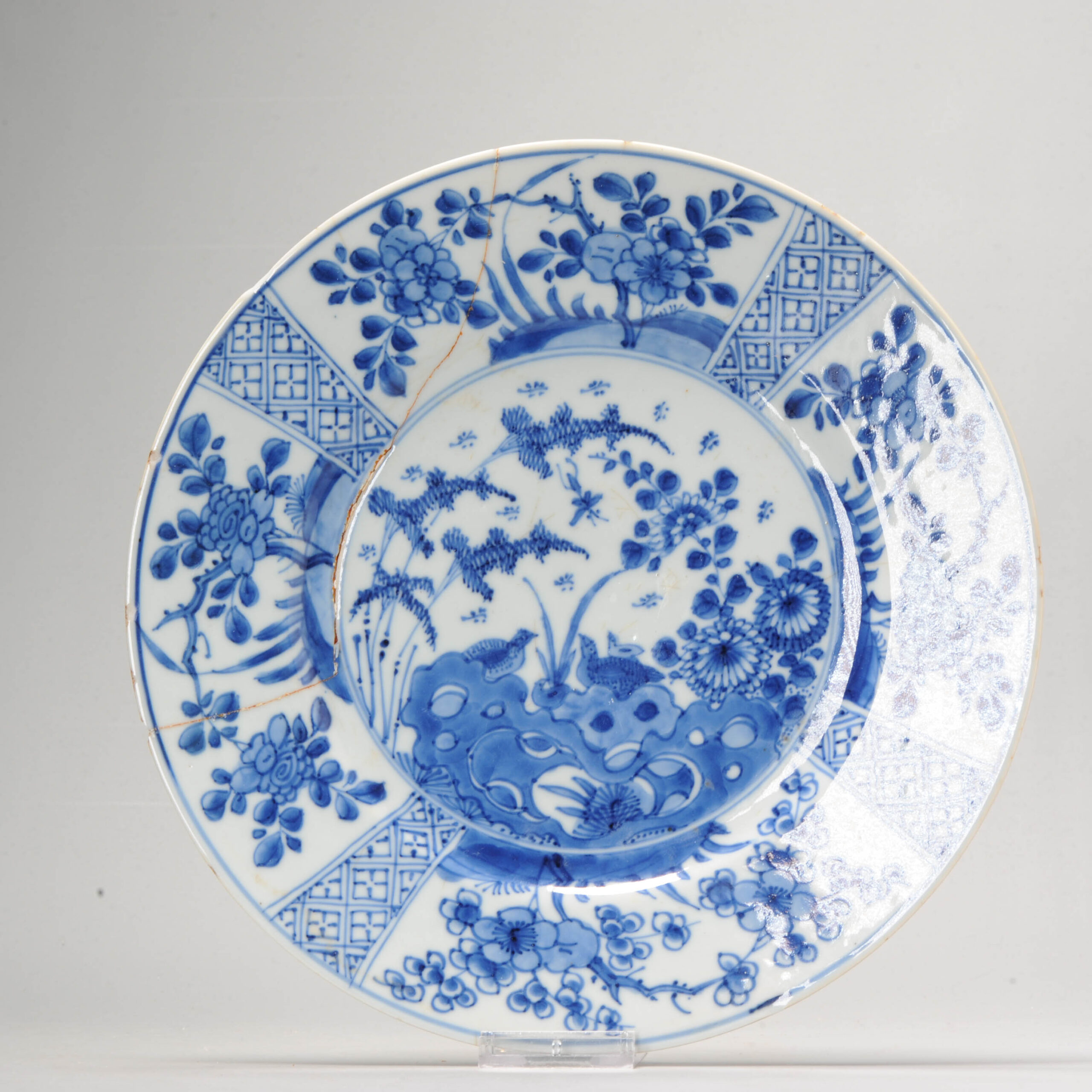 A Quail Garden Scene Kangxi Chinese Porcelain Blue and White Marked Plate 1710- 1730 China