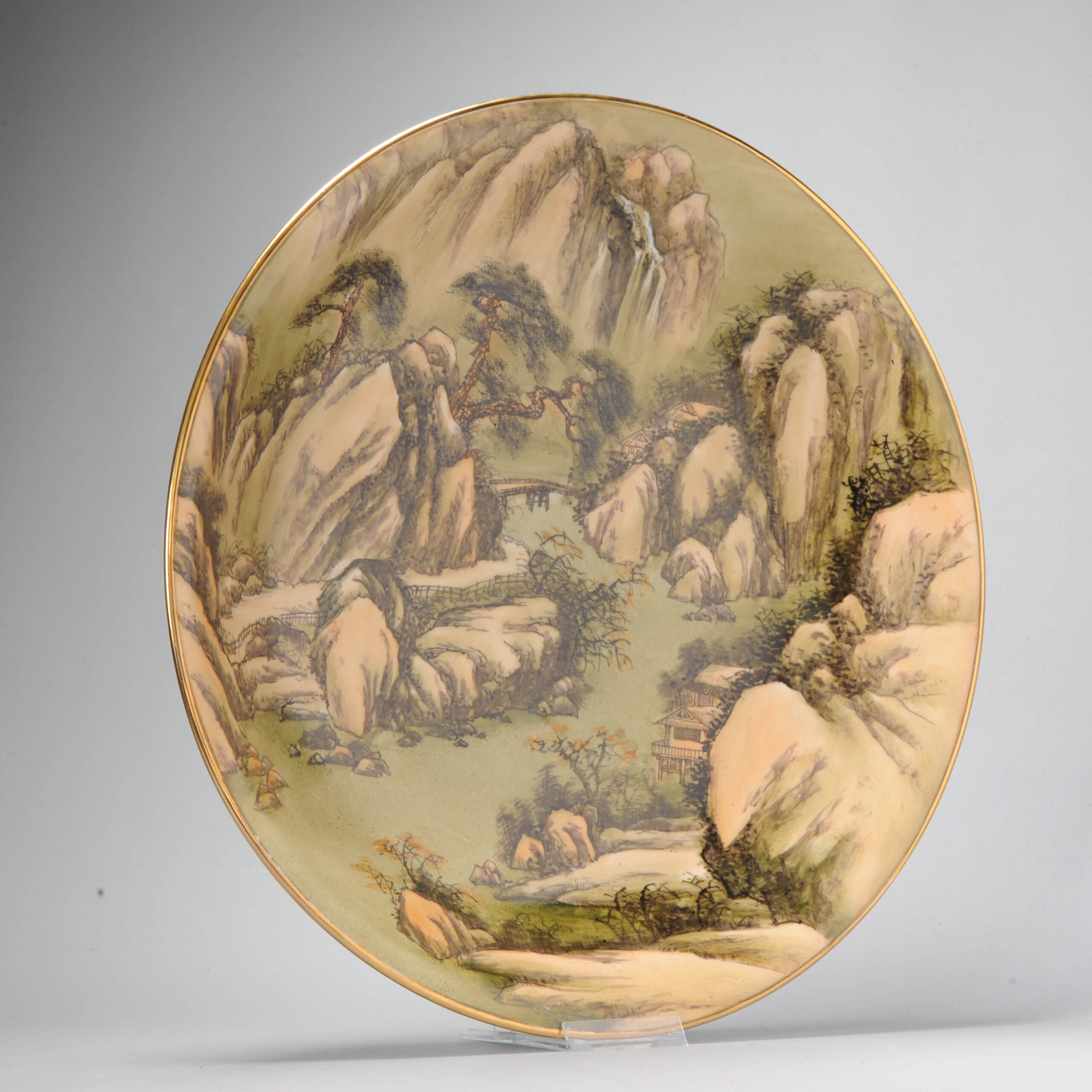 41CM Chinese Porcelain Charger 20C Hand painted Mountain Scene Pagodes - Image 2