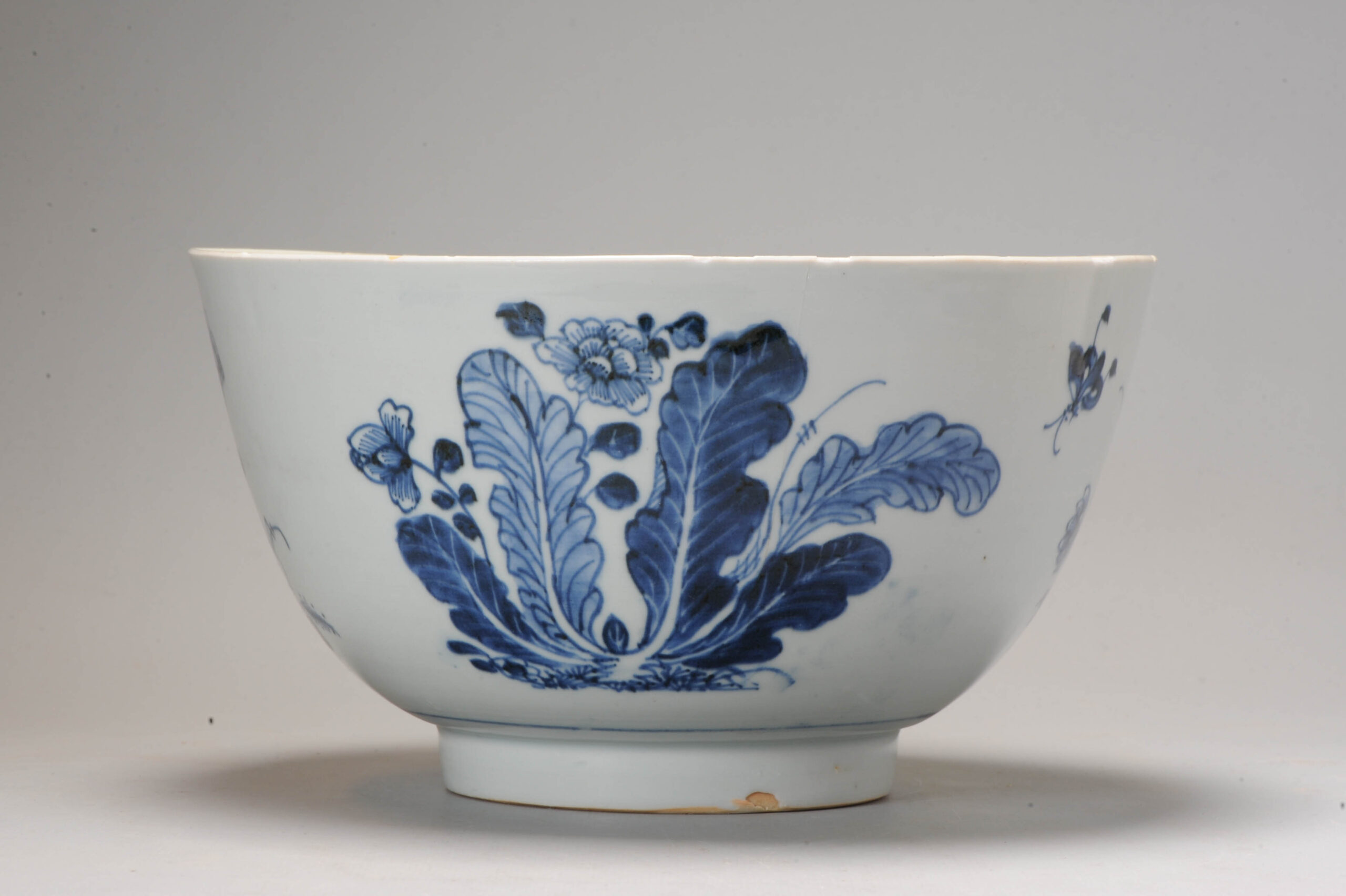 Antique 18C Chinese Porcelain Blue and White Bowl Cabbage Flowers Insects - Image 9