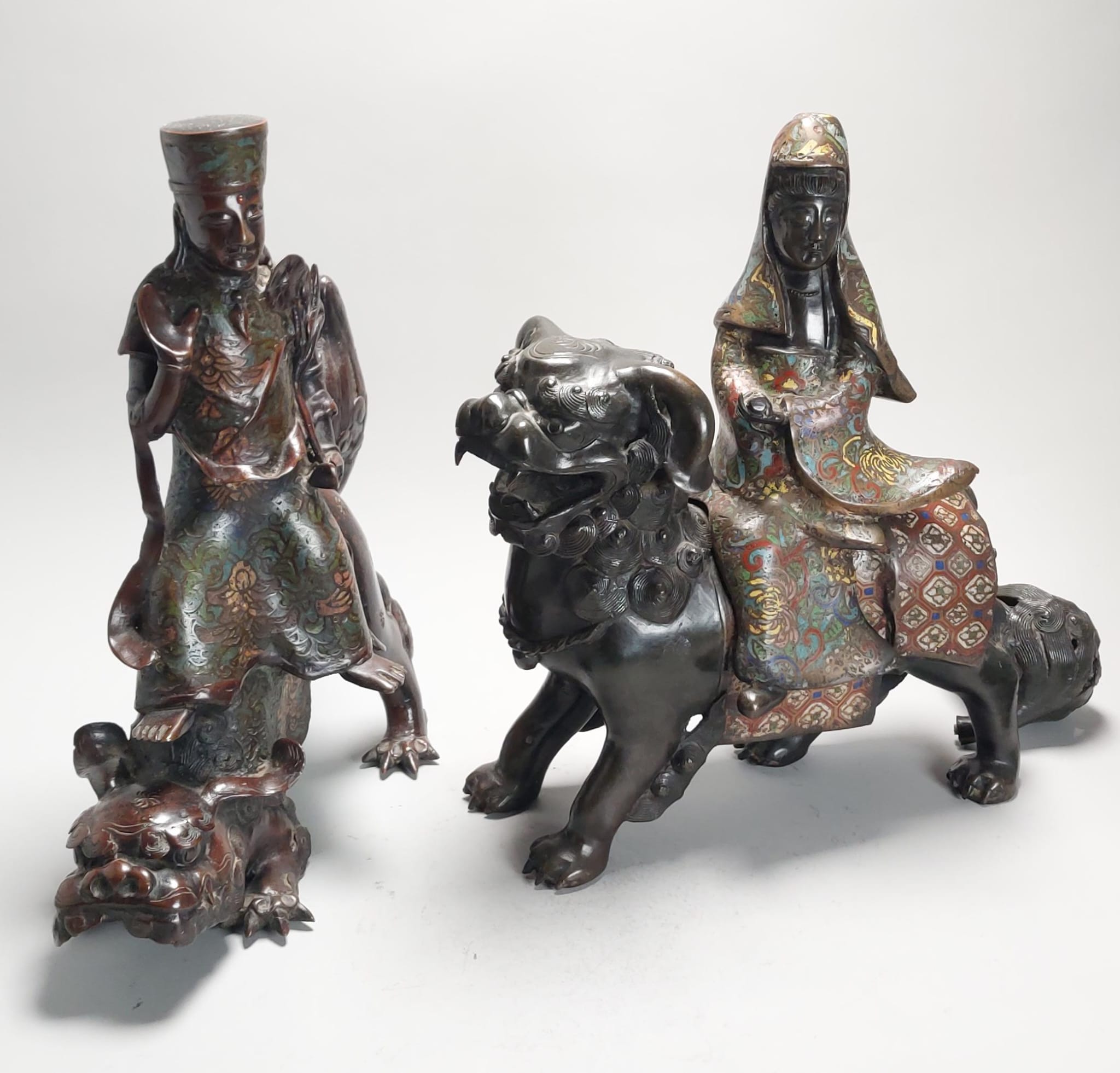 Pair of Chinese Bronze Statue Incense Burners on Foo Lions China Cloisonne - Image 2