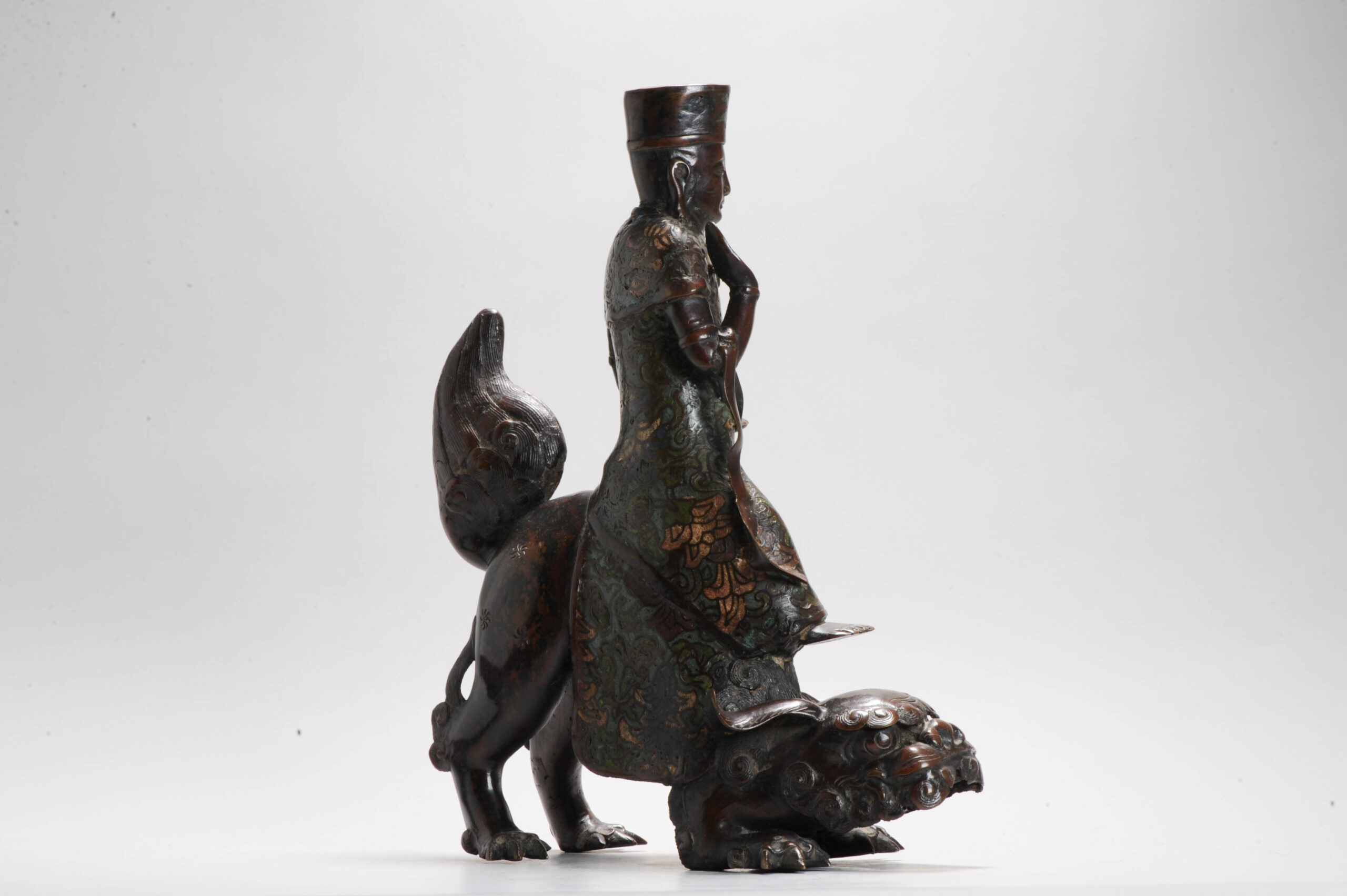 Pair of Chinese Bronze Statue Incense Burners on Foo Lions China Cloisonne - Image 19