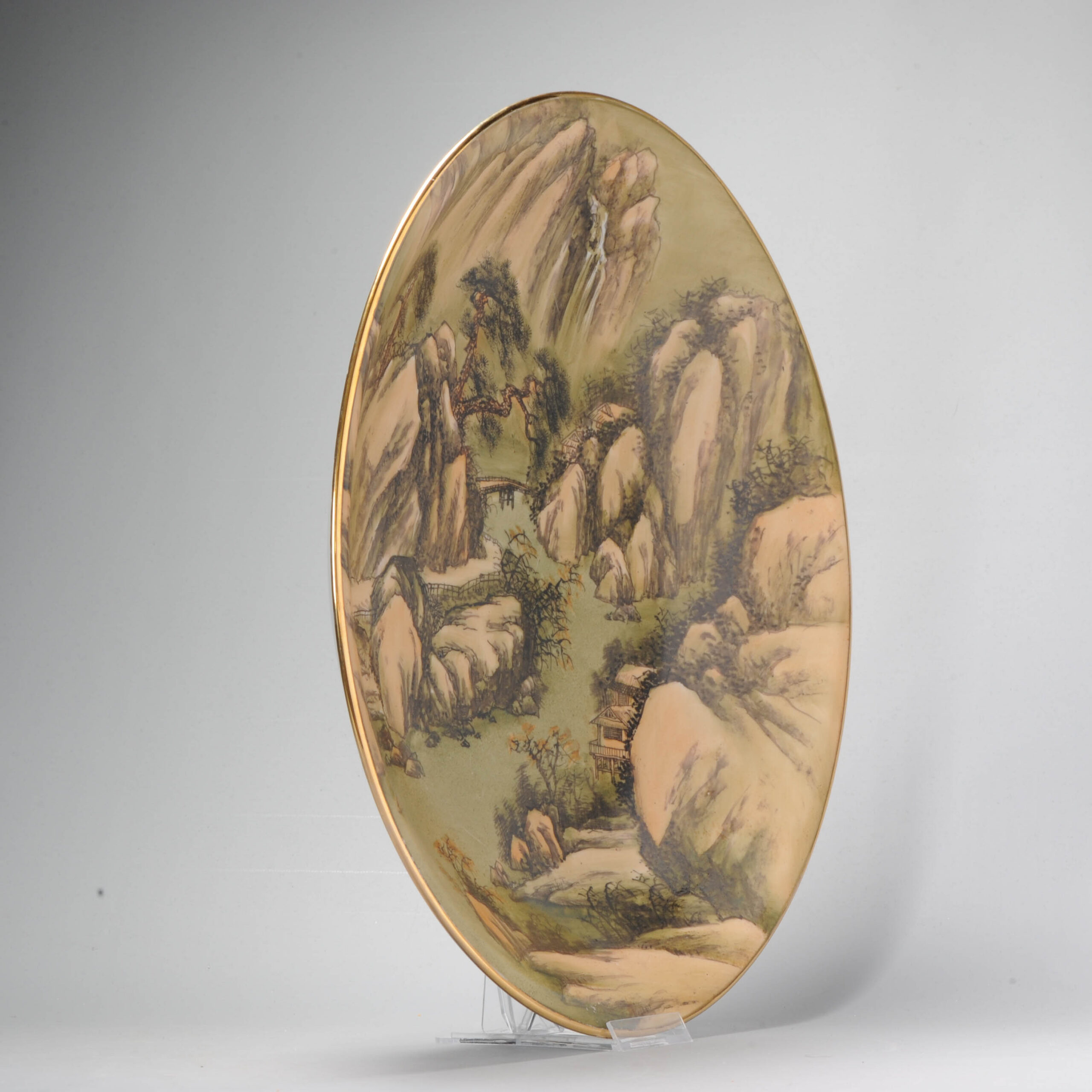 41CM Chinese Porcelain Charger 20C Hand painted Mountain Scene Pagodes - Image 3