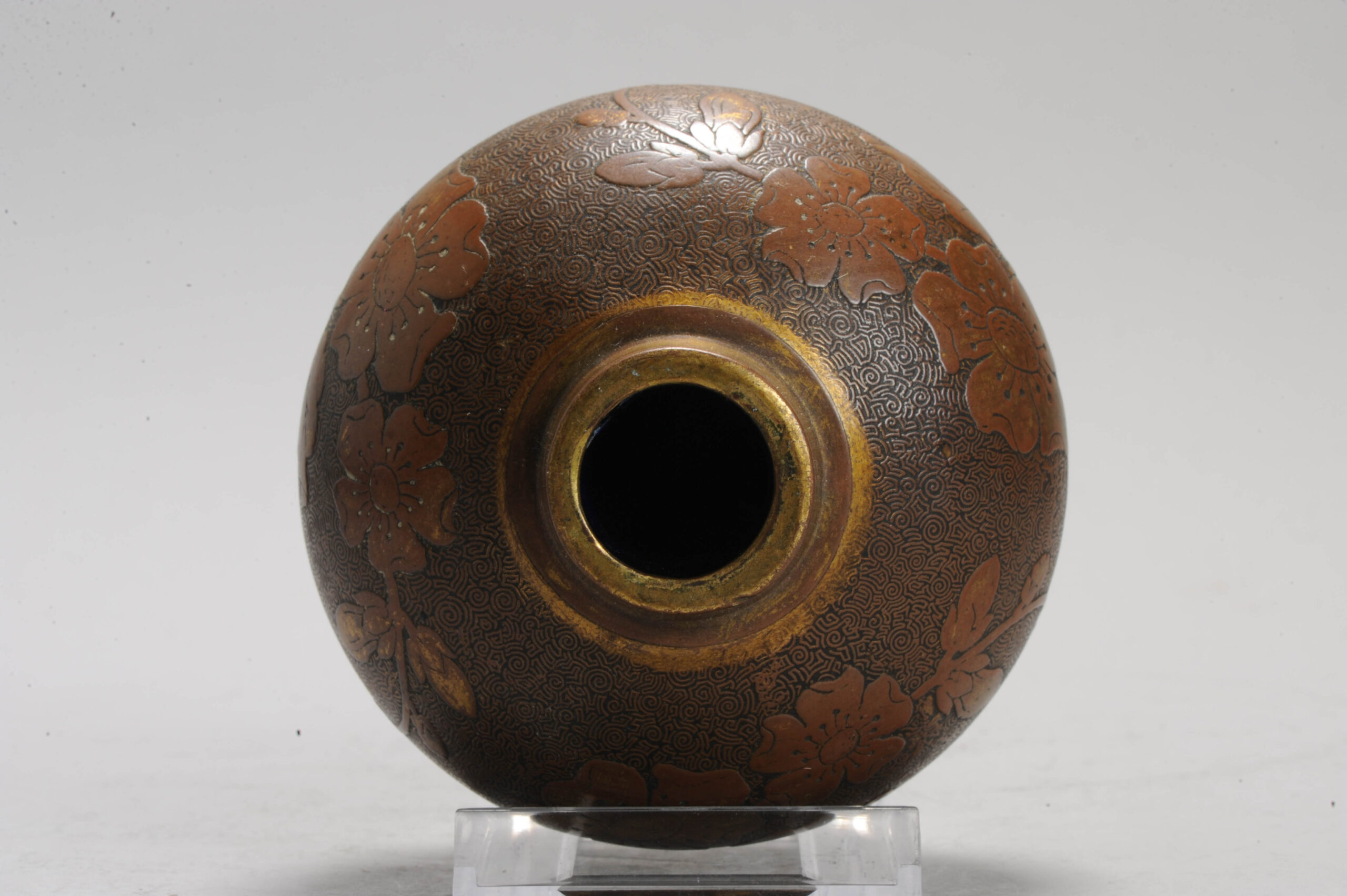 Antique Lovely Engraved Japanese Bronze Bottle Vase with glass inside Japan - Image 2