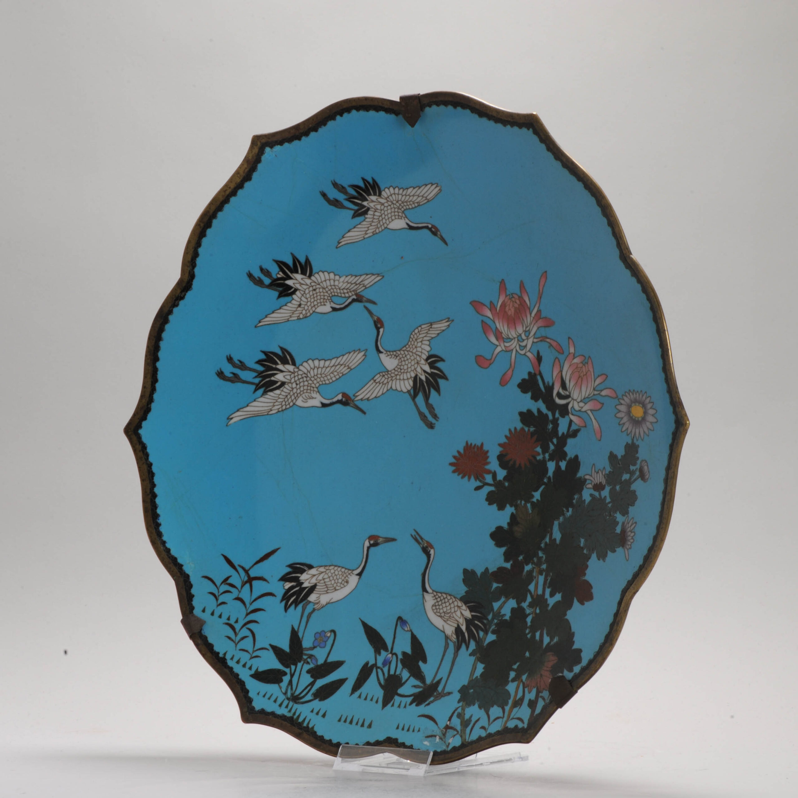 Large Lovely Crane 19c Antique Meiji Period Japanese dish Bronze Bird Cloisonne - Image 12