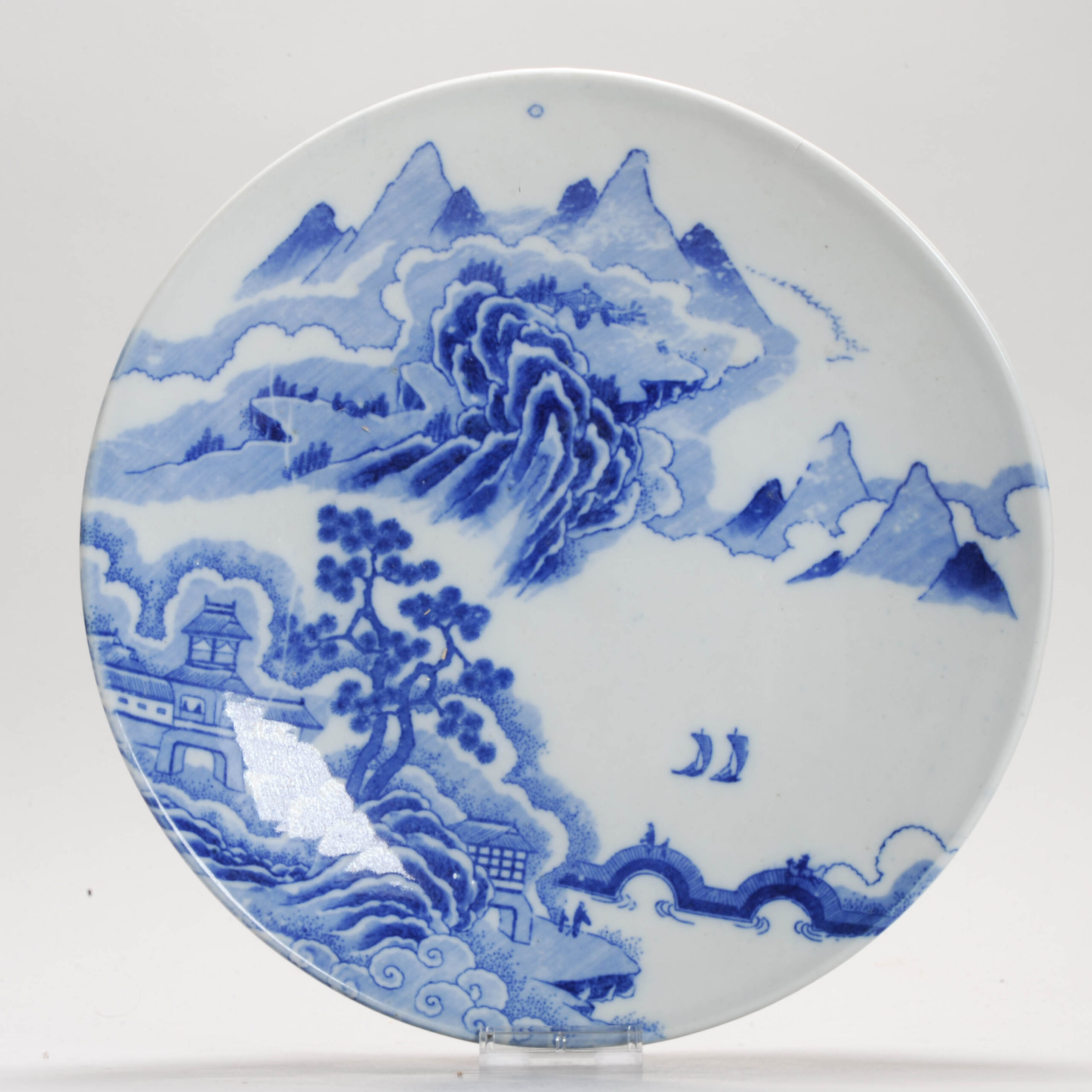 Circa 1900 period Japanese Printed Plate with Landscape. Blue and White