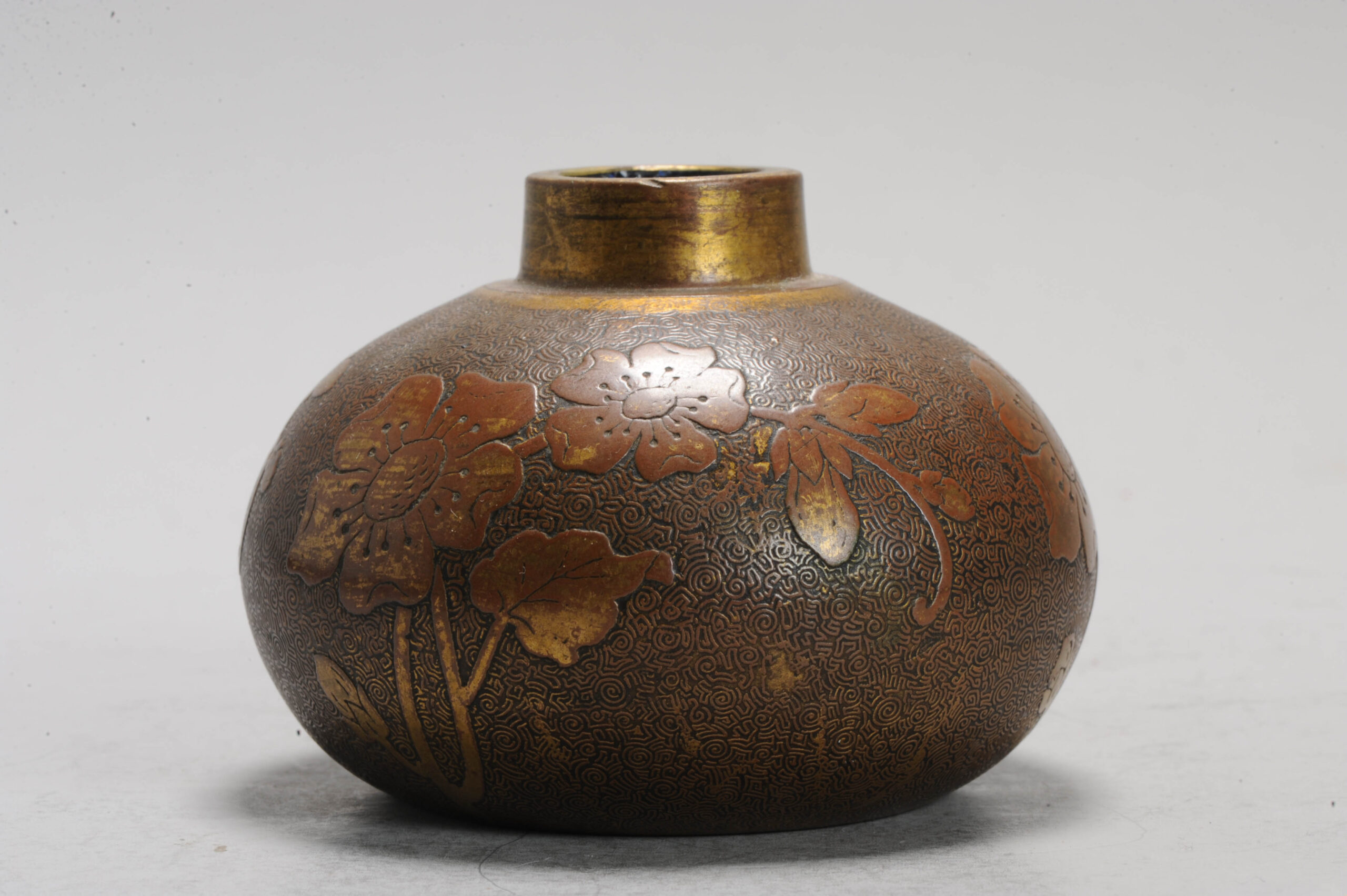 Antique Lovely Engraved Japanese Bronze Bottle Vase with glass inside Japan - Image 5