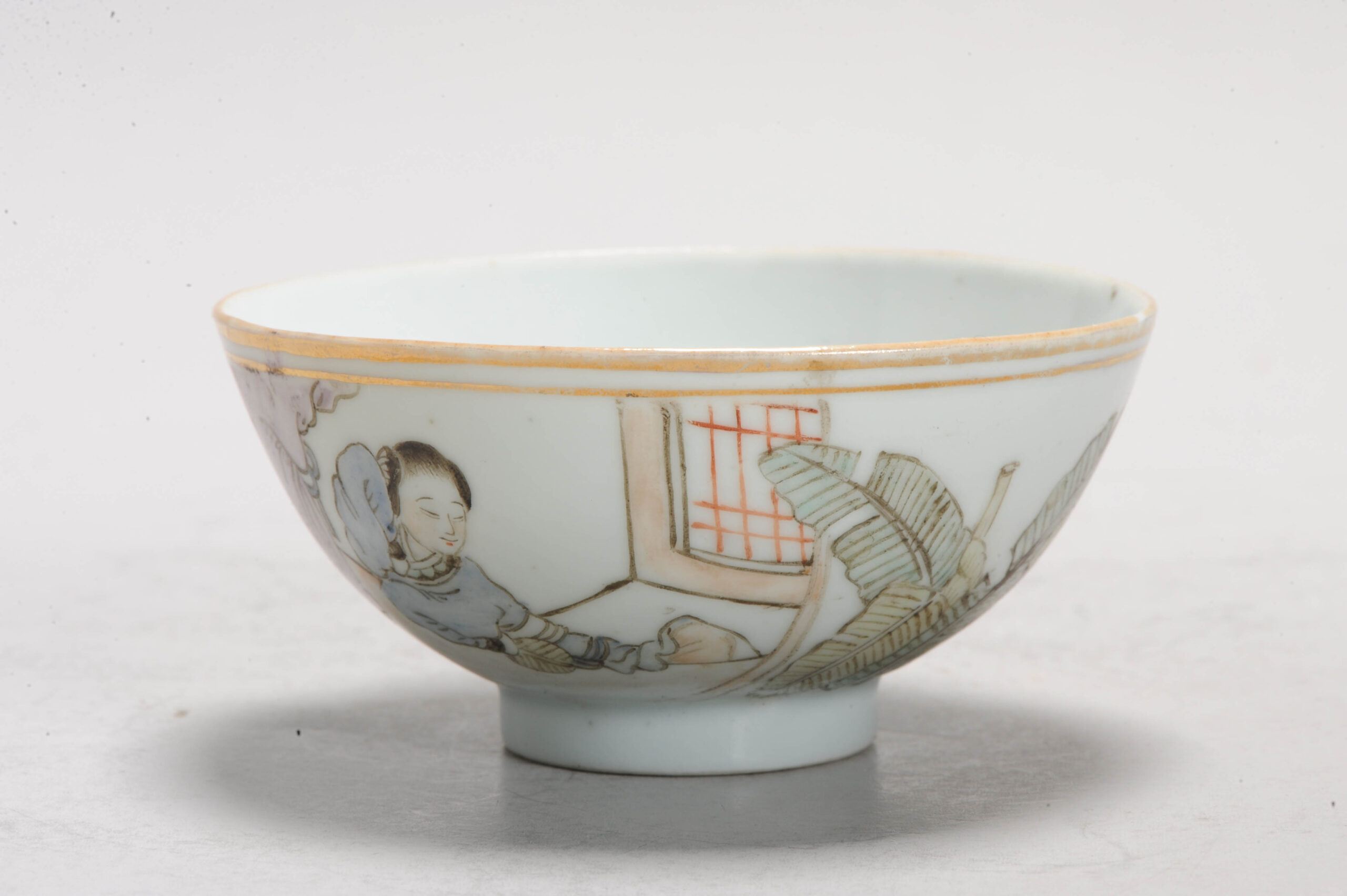 Antique 19th c Bowl Polychrome Tea Drinking Landscape scene Late Qing