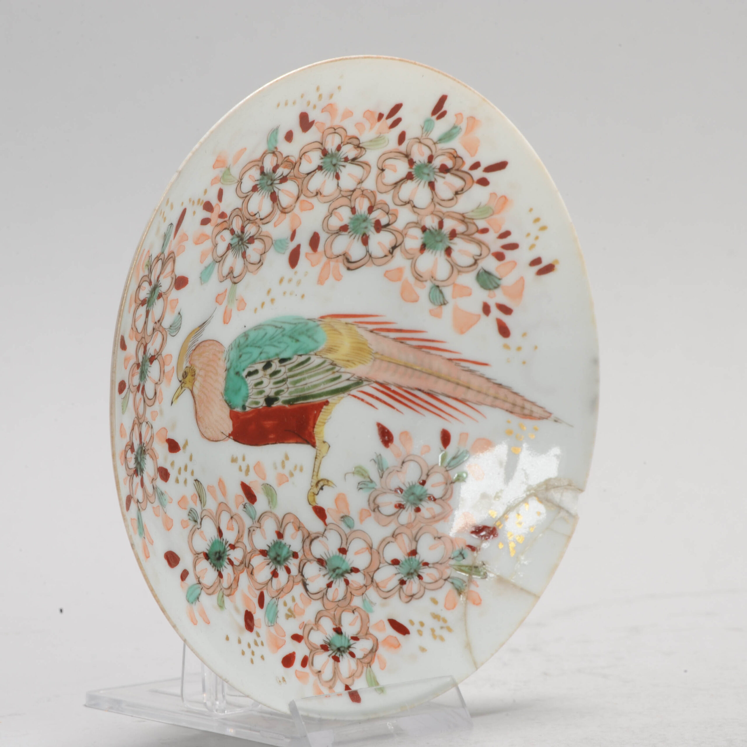 Antique Japanese 19th c Meiji Bird Dish Tree and Flowers in red - Image 11
