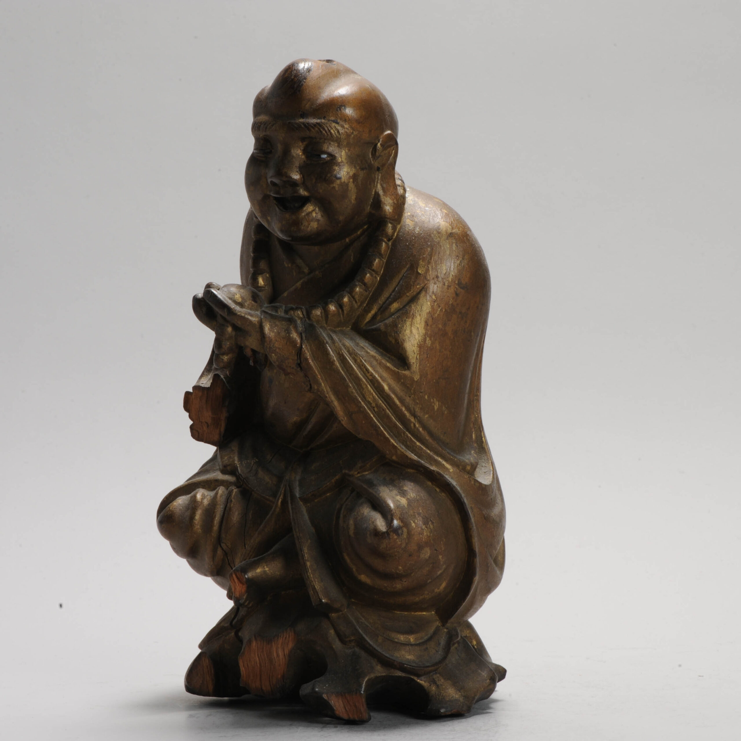 Ca 1900 Fine Chinese Carved Wood Statue of a Laughing Buddha CHinese Antique