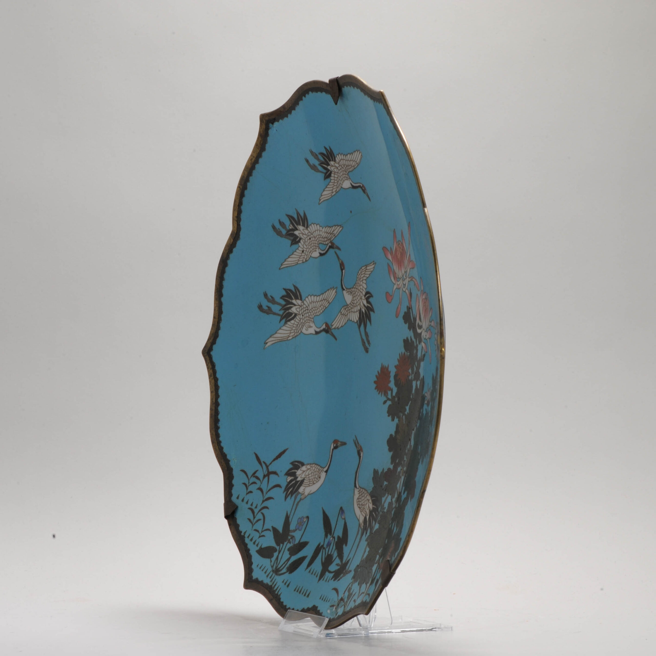 Large Lovely Crane 19c Antique Meiji Period Japanese dish Bronze Bird Cloisonne - Image 11