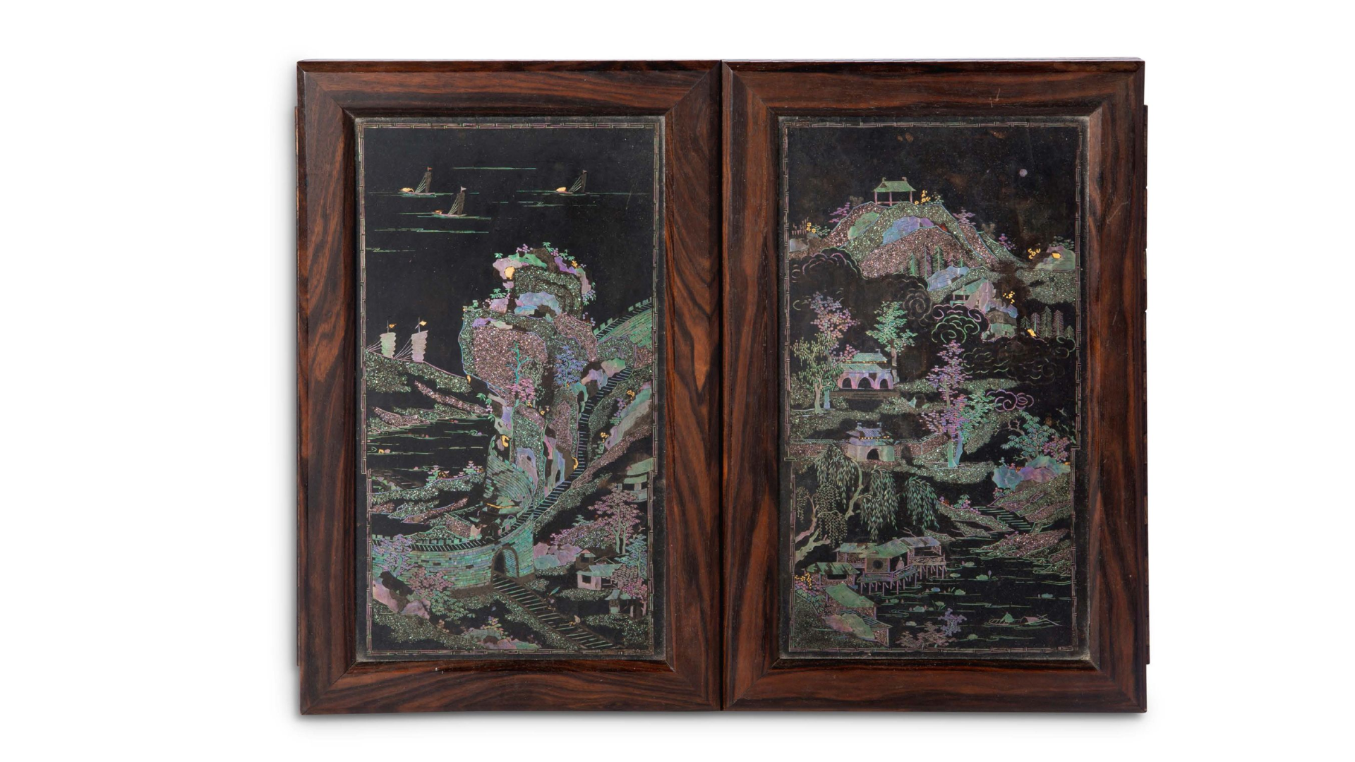 An 18th c pair of mother-of-pearl inlaid laquer table screens Qing dynasty