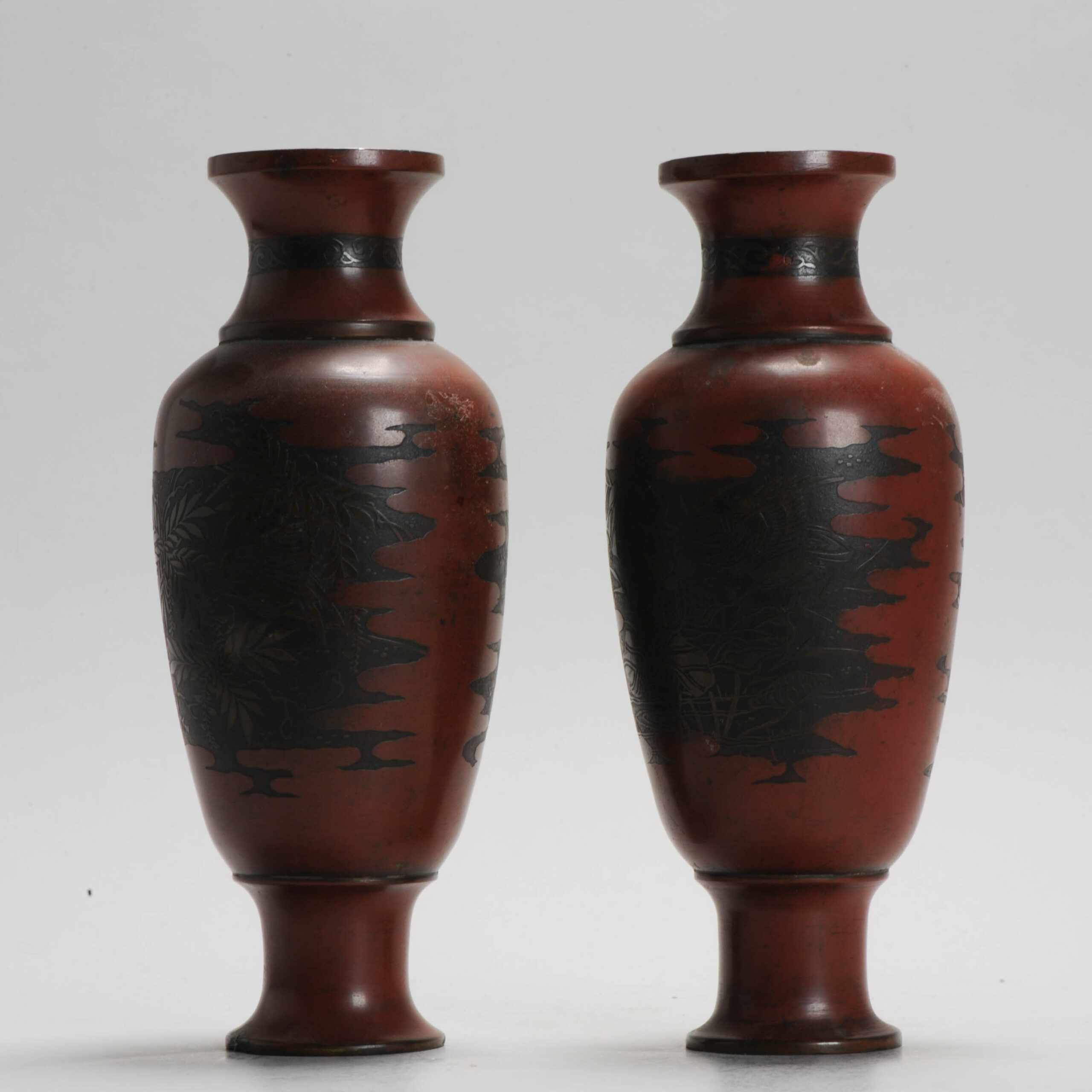 Antique Pair of Engraved Japanese Bronze Vases Japan Rare