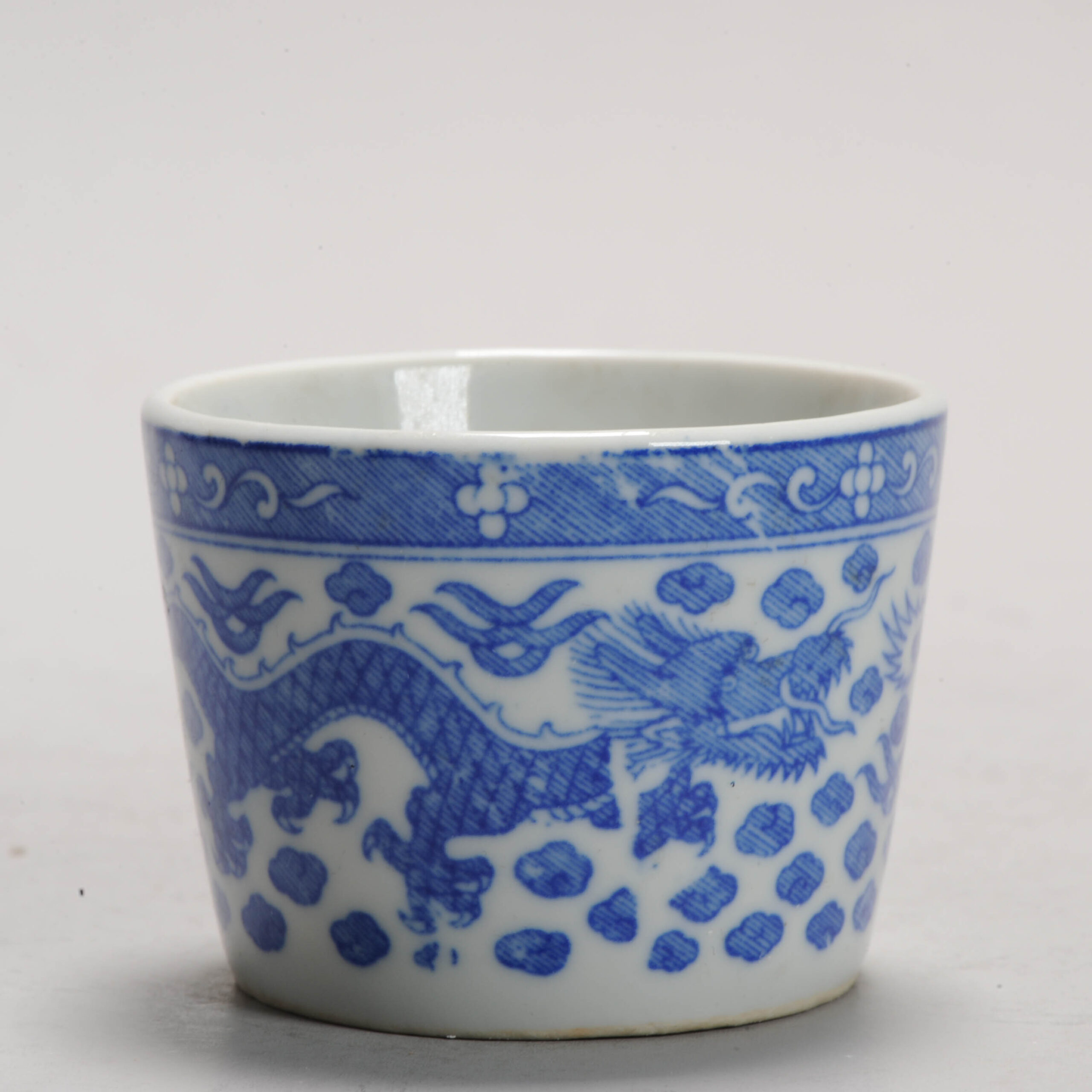 20th C period Japanese Printed Cup with Dragon Blue and White
