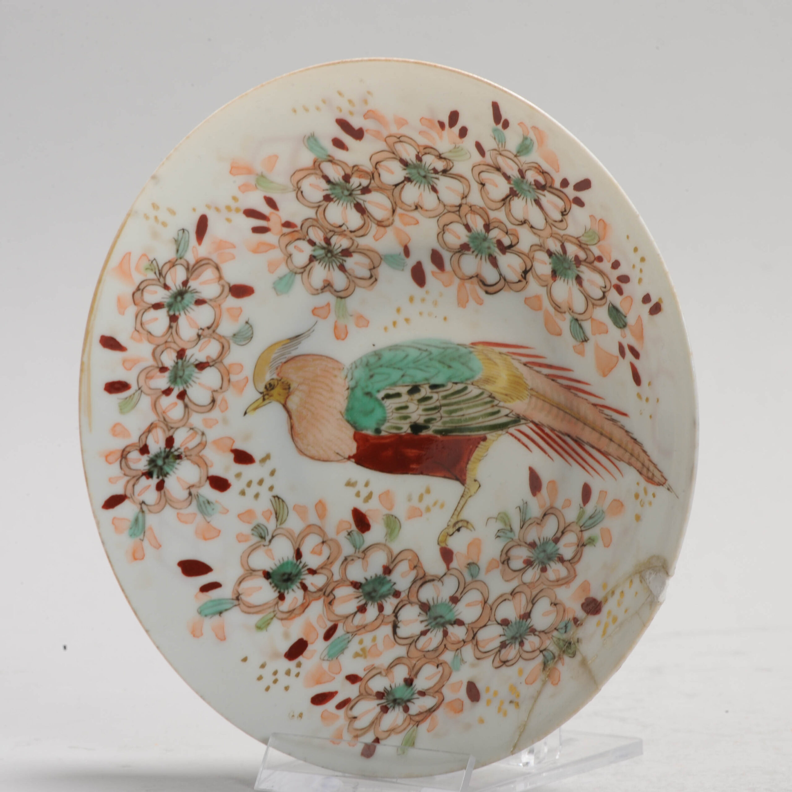 Antique Japanese 19th c Meiji Bird Dish Tree and Flowers in red - Image 2