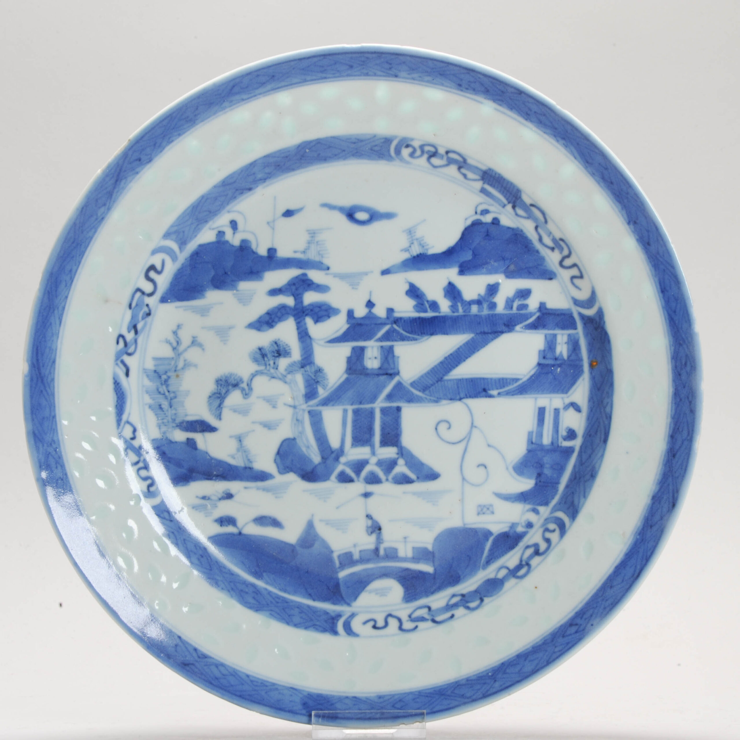 Antique Plate ca 1800 Rice Grain Chinese Porcelain Blue and White Landscape