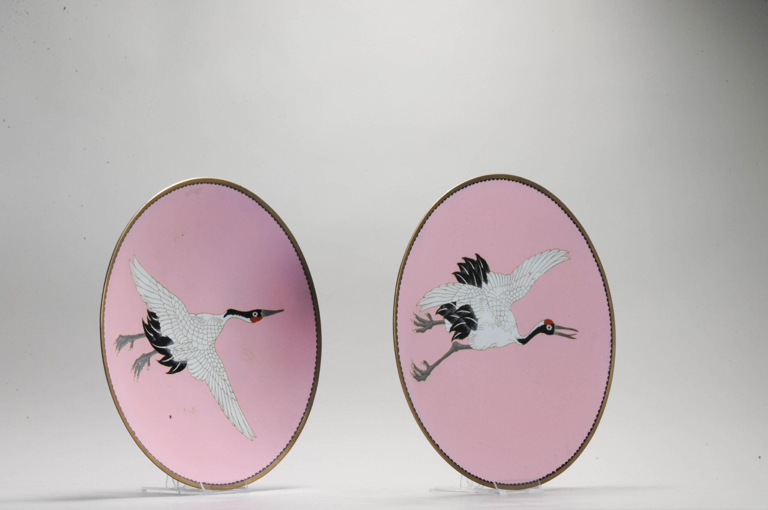 Pair Pink 19c Antique Meiji Period Japanese Serving dish Bronze CRANE Cloisonne - Image 3