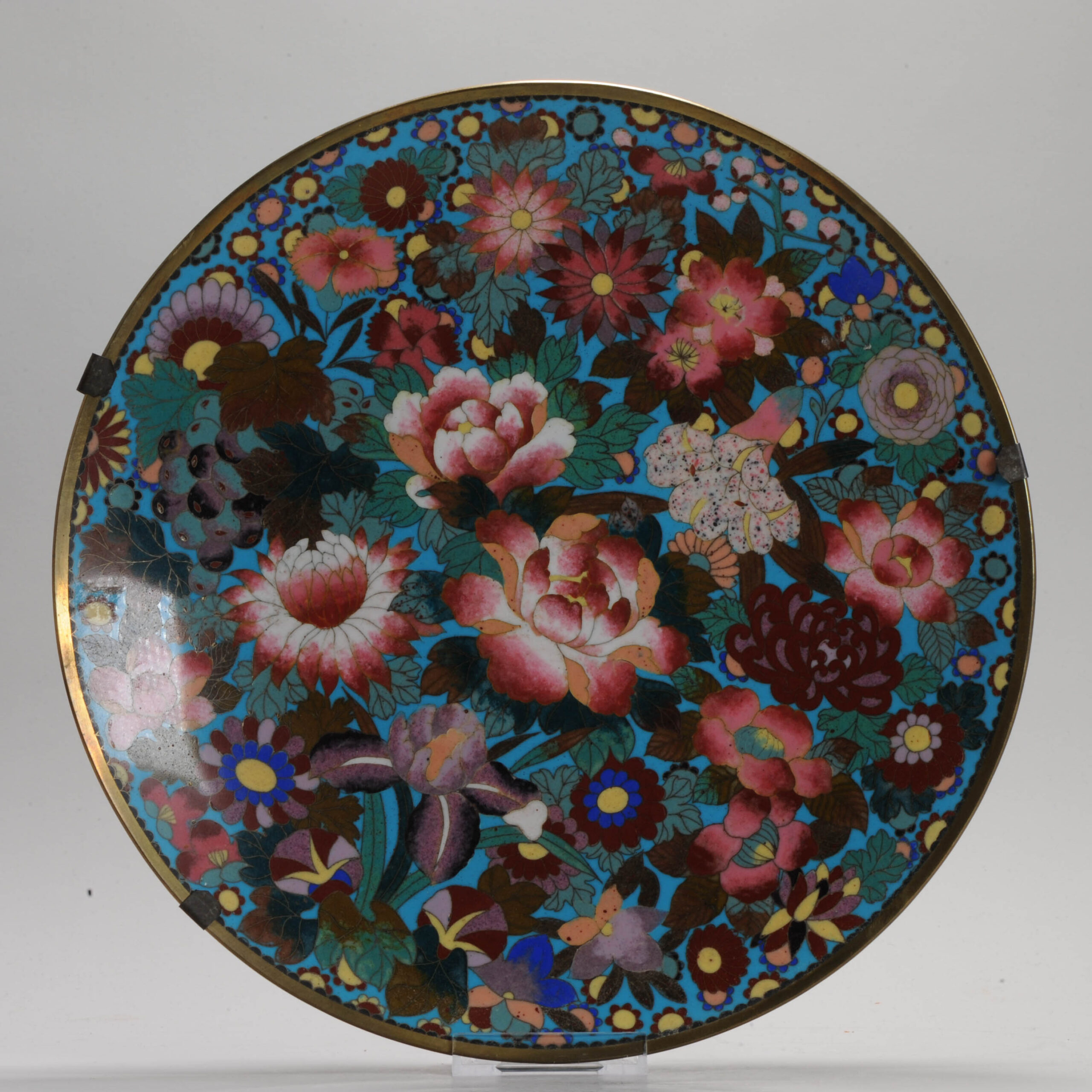 Lovely Millefiori 19c Antique Meiji Period Japanese Wall dish Bronze Flowers Cloisonne