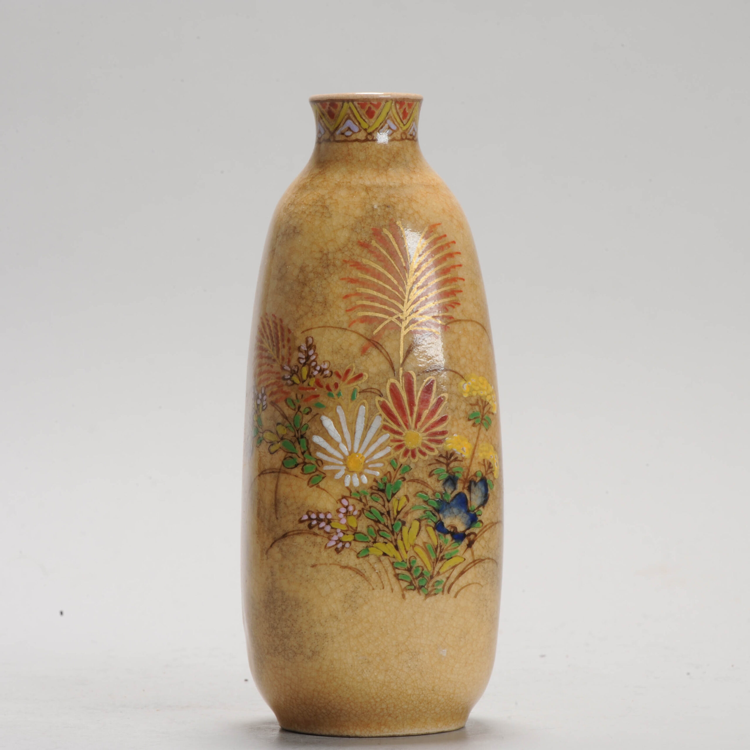 Antique Meiji Japanese Satsuma Sake Bottle with Floral Decoration