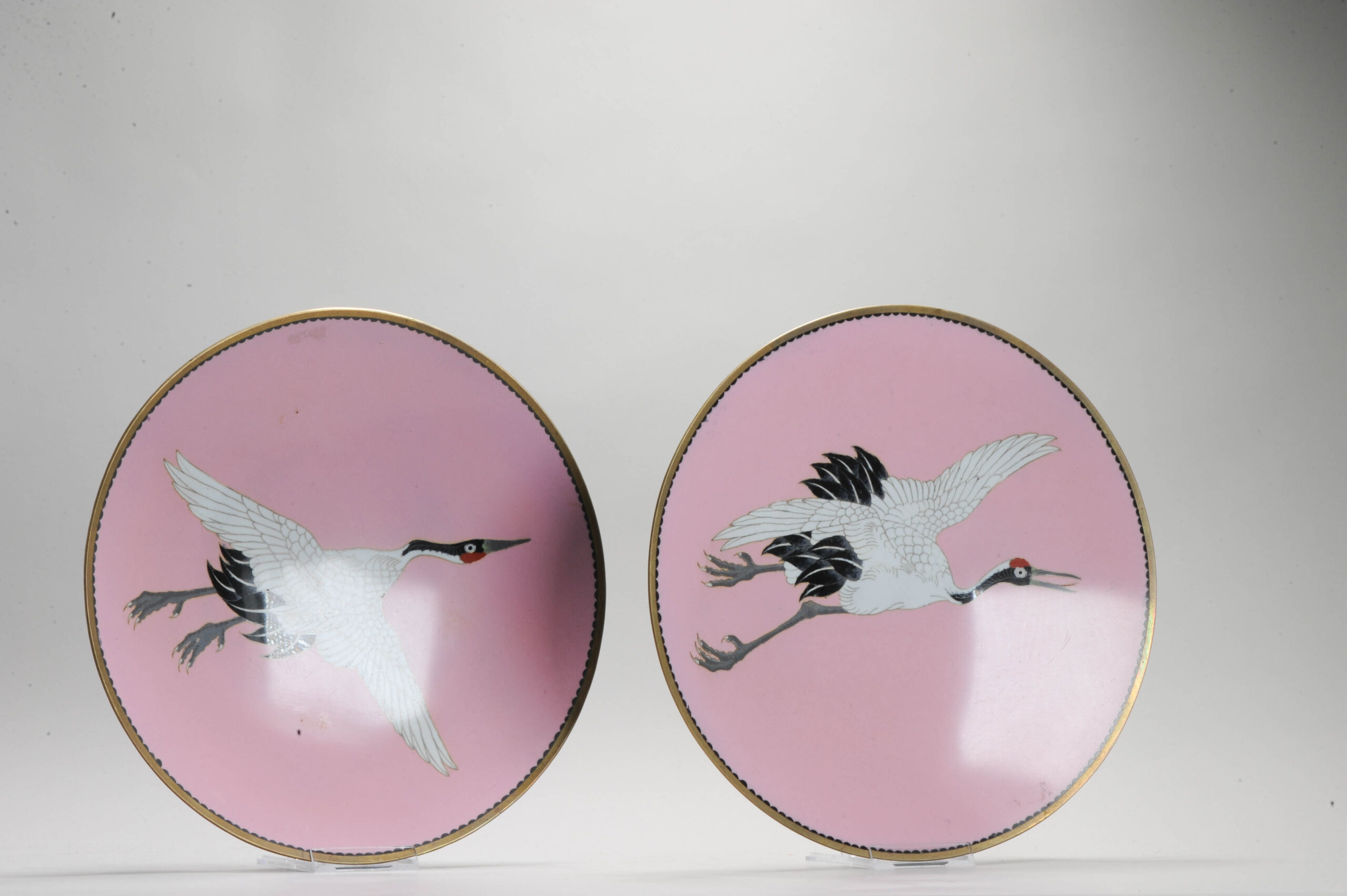 Pair Pink 19c Antique Meiji Period Japanese Serving dish Bronze CRANE Cloisonne - Image 2