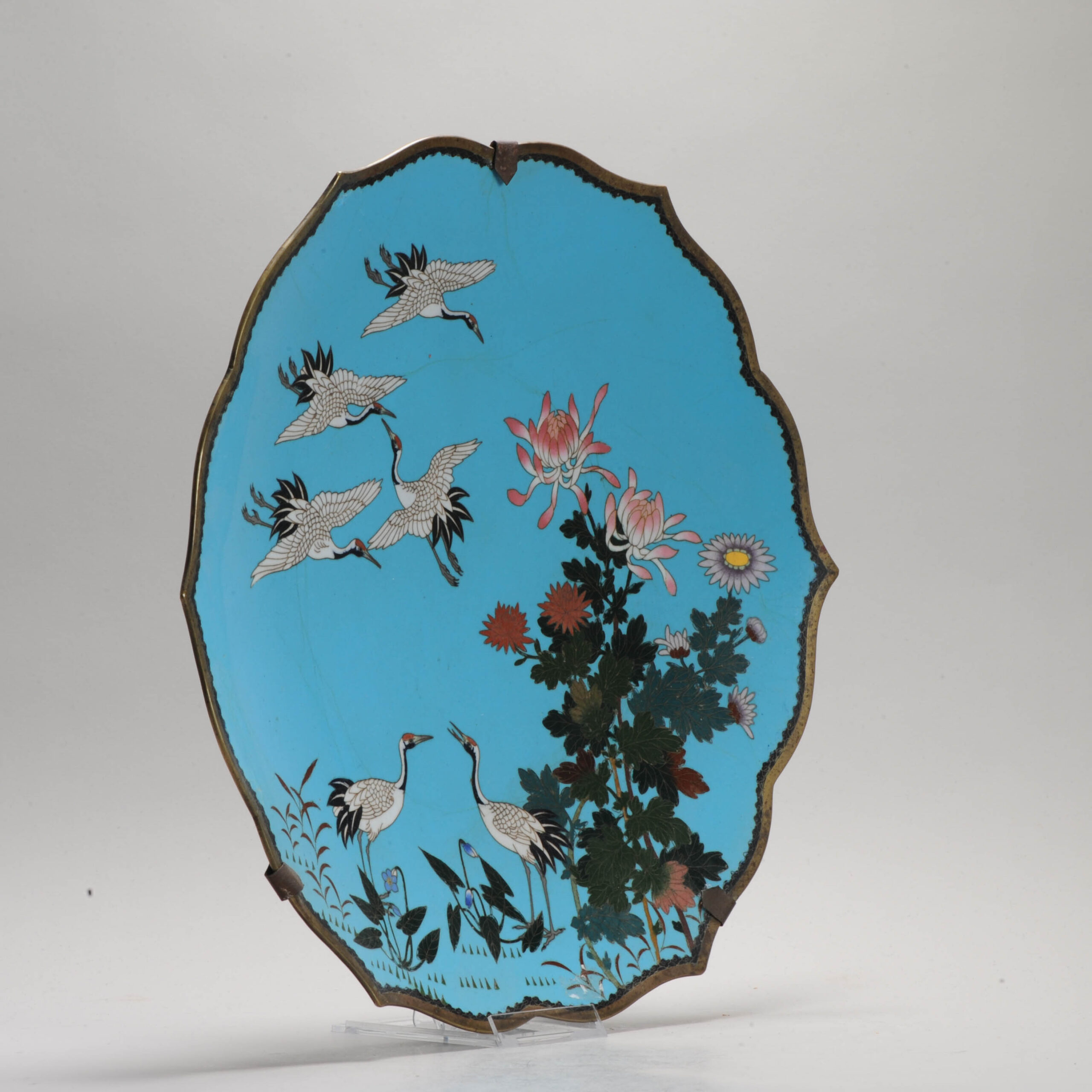 Large Lovely Crane 19c Antique Meiji Period Japanese dish Bronze Bird Cloisonne - Image 3
