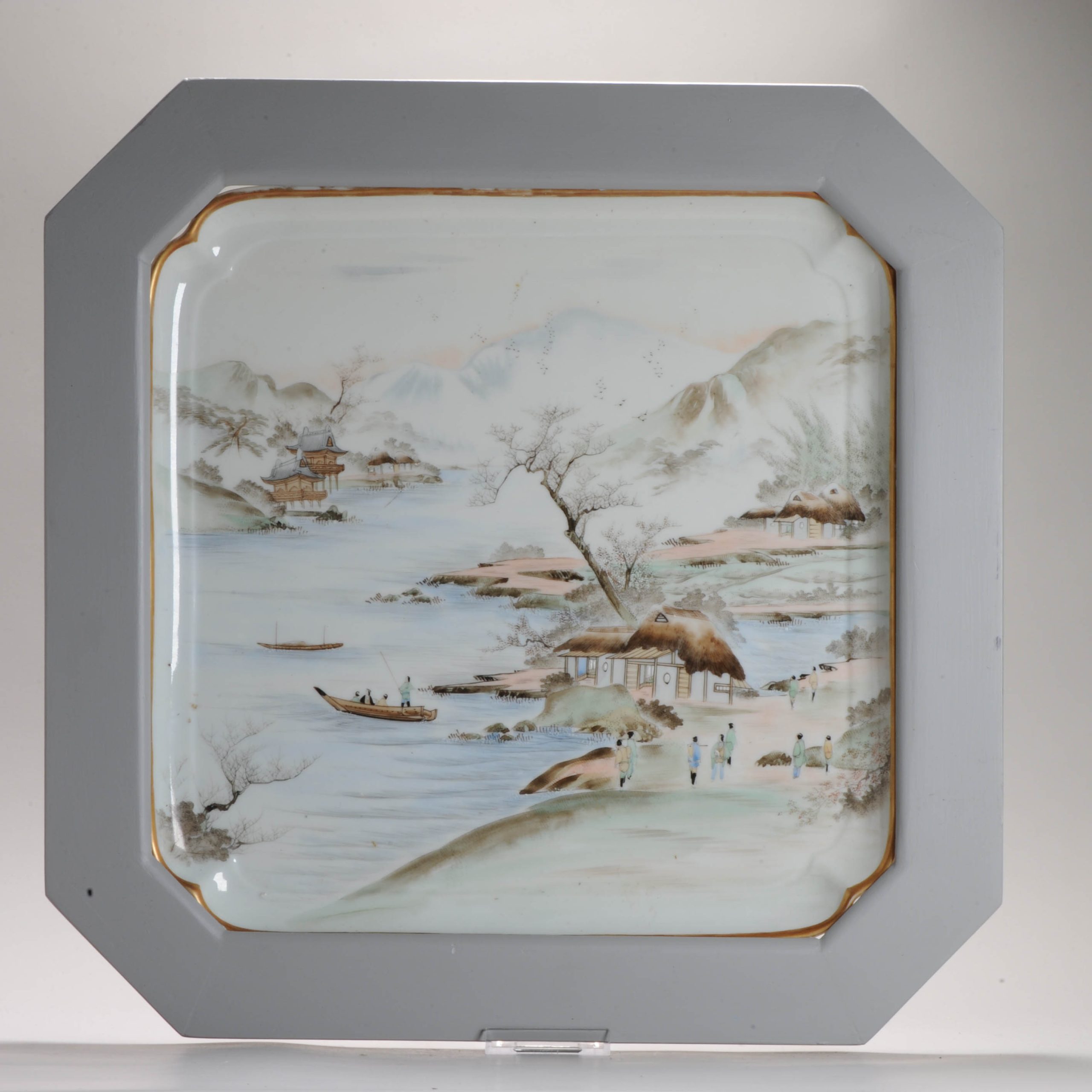 19th or early 20th C period Japanese Kutani landscape Platter Autumn scene marked