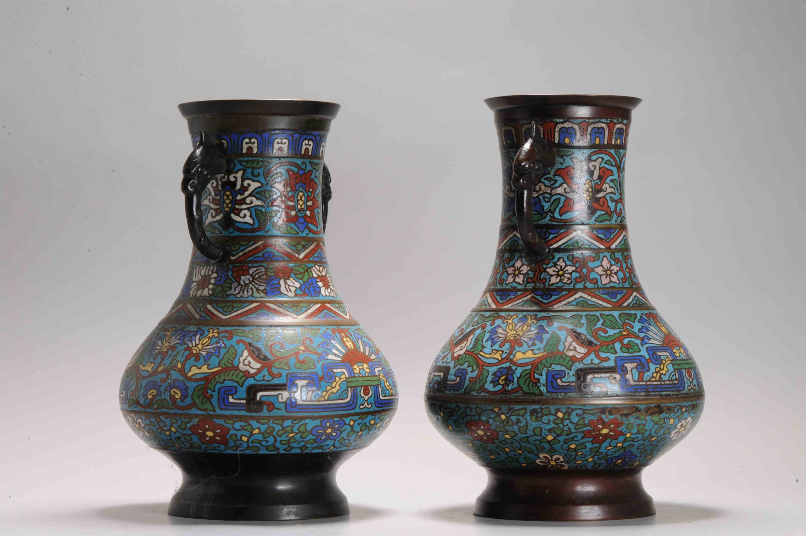 Pair Antique Bronze / Copper Cloisonné Vase of Round shape Japan 19th C - Image 9